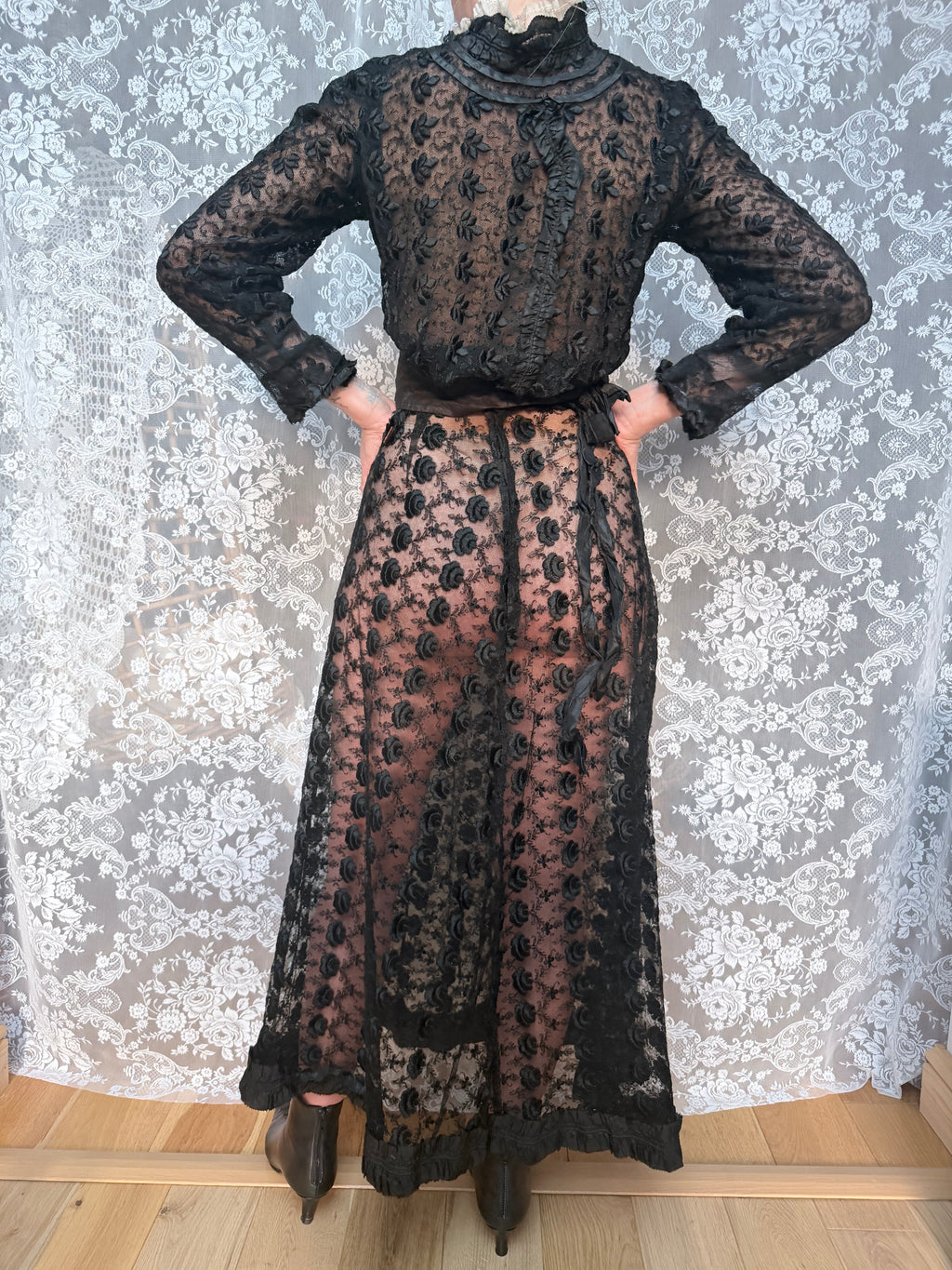 Antique 1890s–1910s Black Lace Two-Piece Gothic Peplum Set