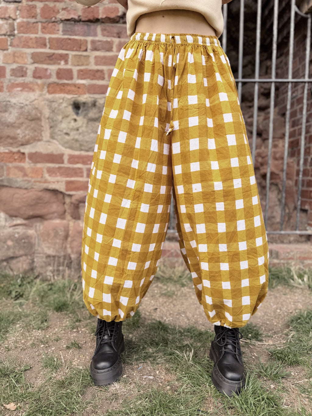 The Beatrice Barrel Leg in Mustard Yellow Gingham | Traditionally Made and Hand Block Printed