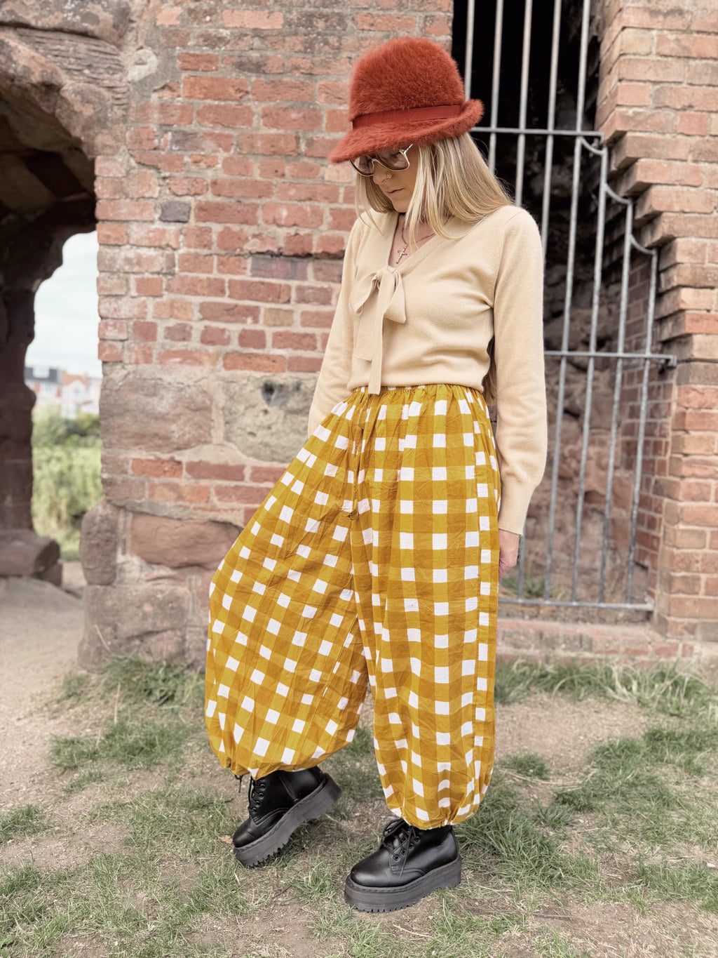 The Beatrice Barrel Leg in Mustard Yellow Gingham | Traditionally Made and Hand Block Printed