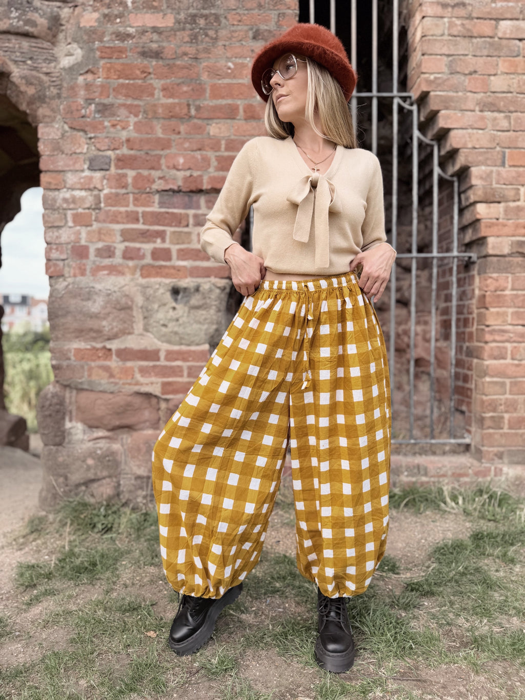 The Beatrice Barrel Leg in Mustard Yellow Gingham | Traditionally Made and Hand Block Printed