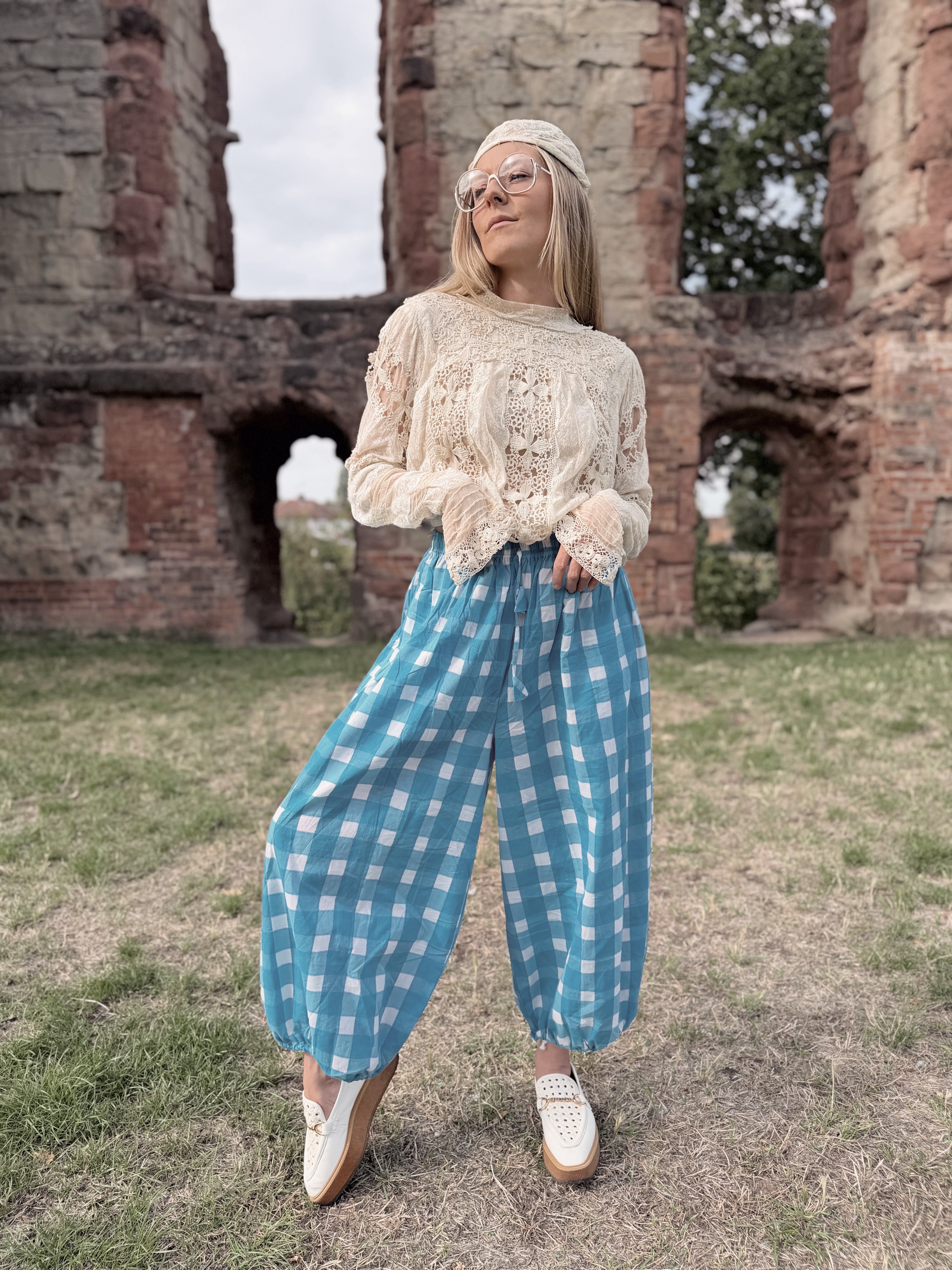 The Beatrice Barrel Leg in Ocean Blue Gingham | Traditionally Made and Hand Block Printed