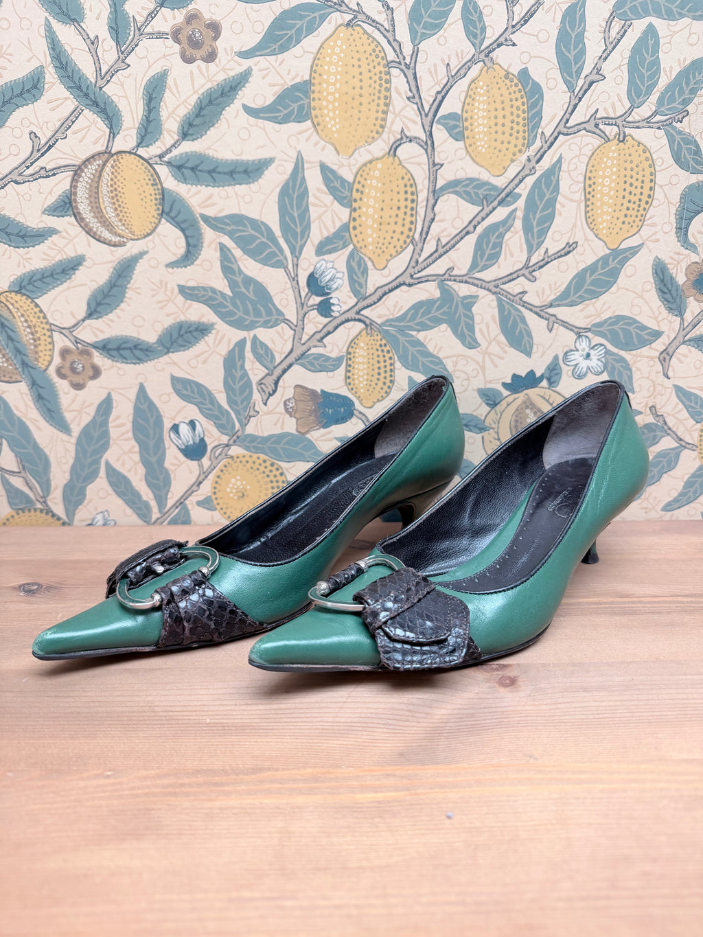 Vintage 1990s Dolce & Gabbana Green Leather Buckle Kitten Heels