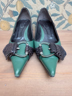 Vintage 1990s Dolce & Gabbana Green Leather Buckle Kitten Heels