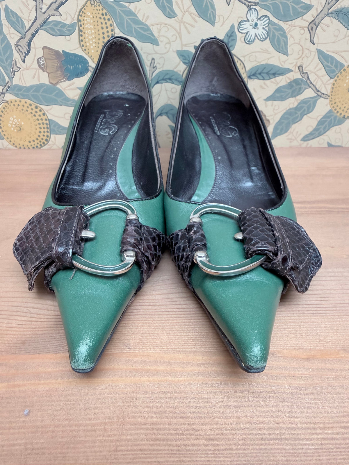 Rare Vintage 1990s Dolce & Gabbana Green Leather Kitten Heels
