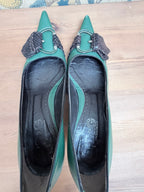Vintage 1990s Dolce & Gabbana Green Leather Buckle Kitten Heels