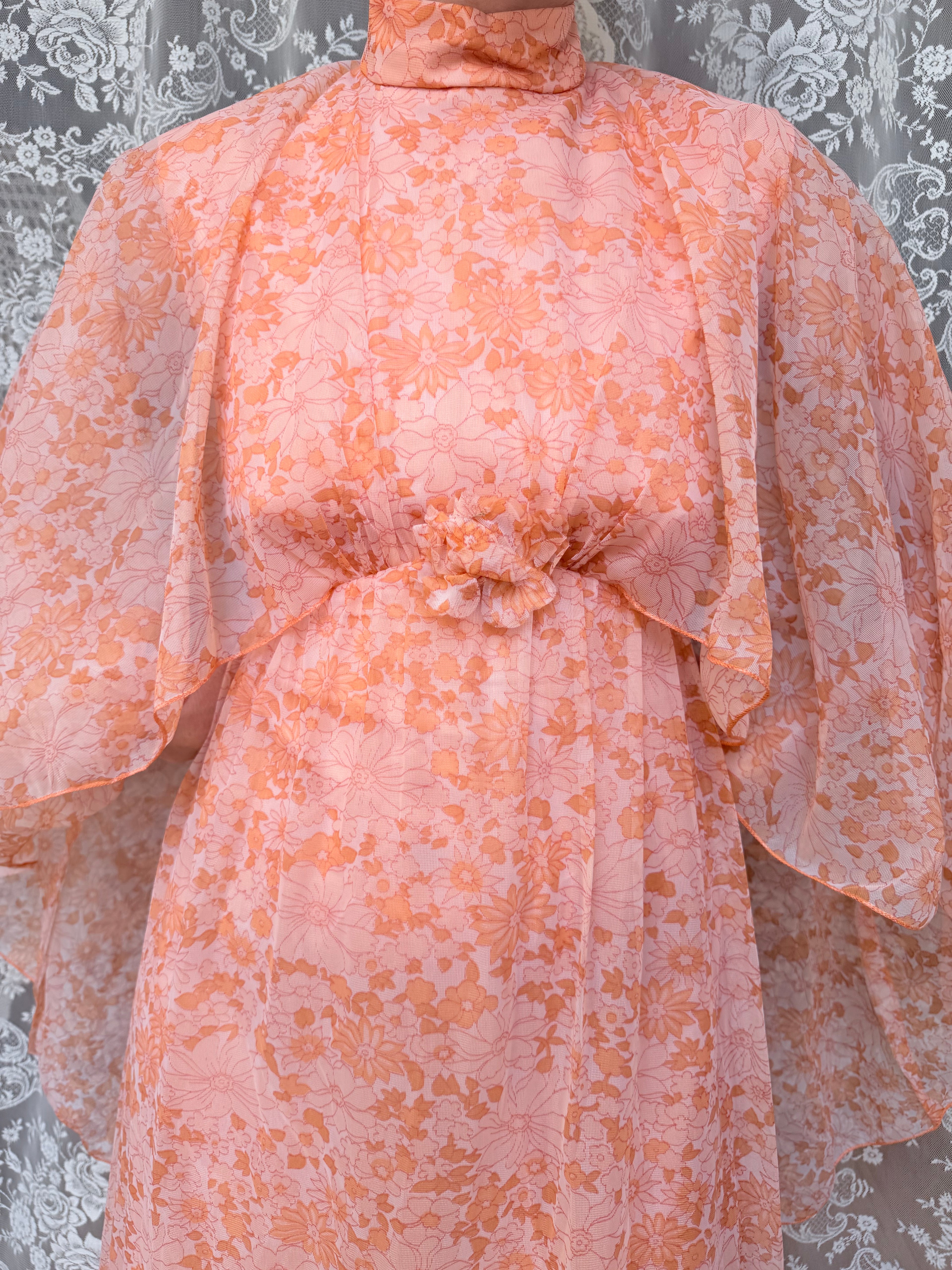 Vintage Handmade 1970s Pink Peach Batwing Cape Floral Maxi Dress