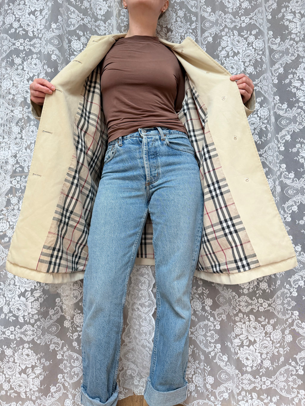 Vintage 1970s/1980s Burberry Beige Single-Breasted Mac Coat with Check Lining