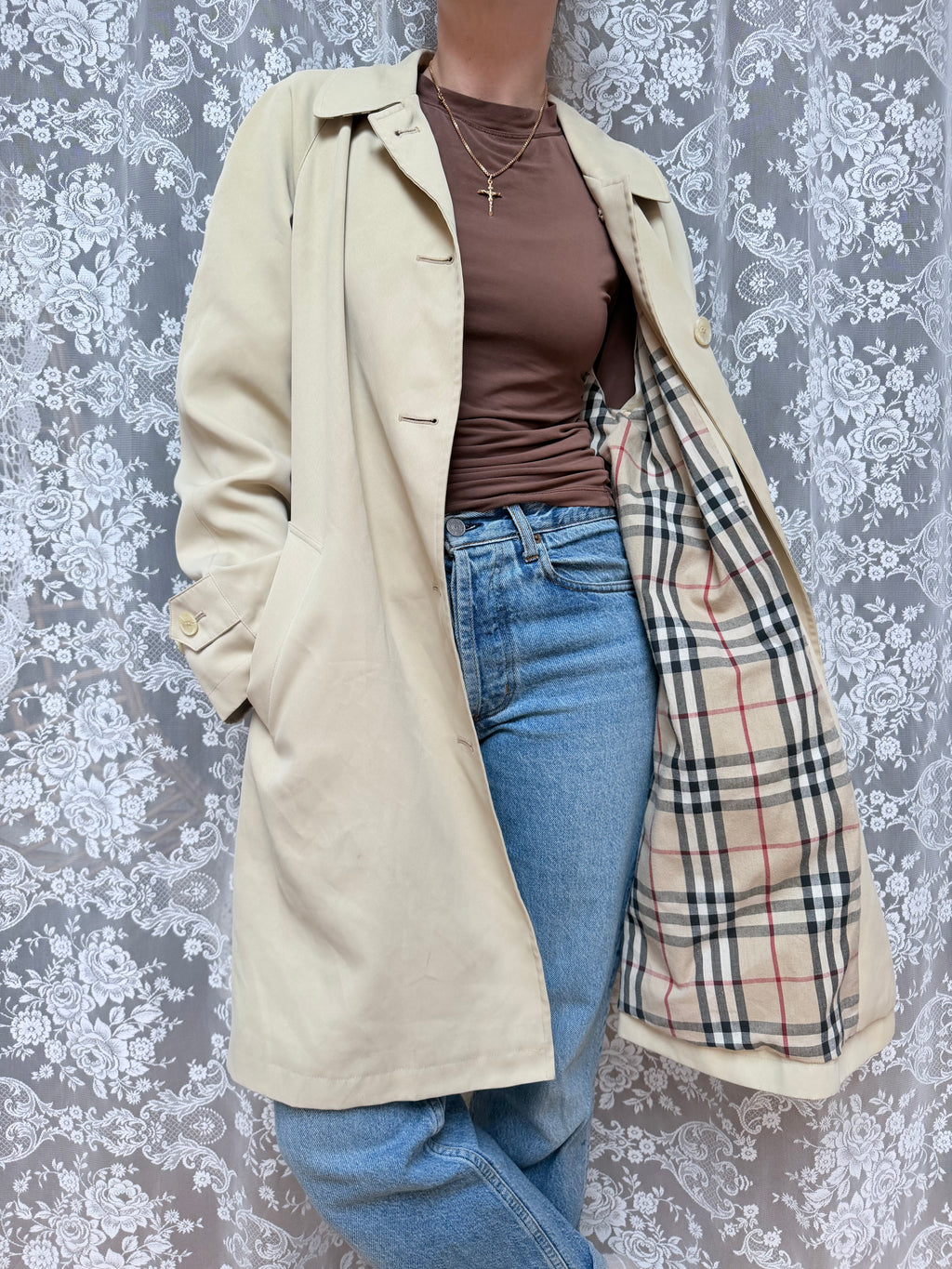 Vintage 1970s/1980s Burberry Beige Single-Breasted Mac Coat with Check Lining