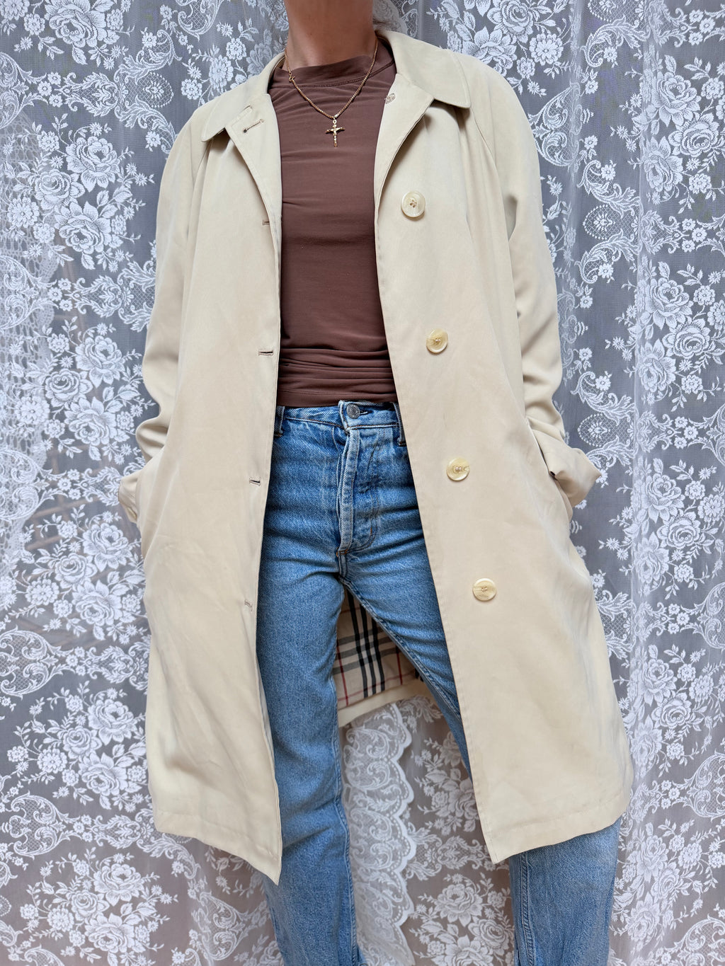 Vintage 1970s/1980s Burberry Beige Single-Breasted Mac Coat with Check Lining