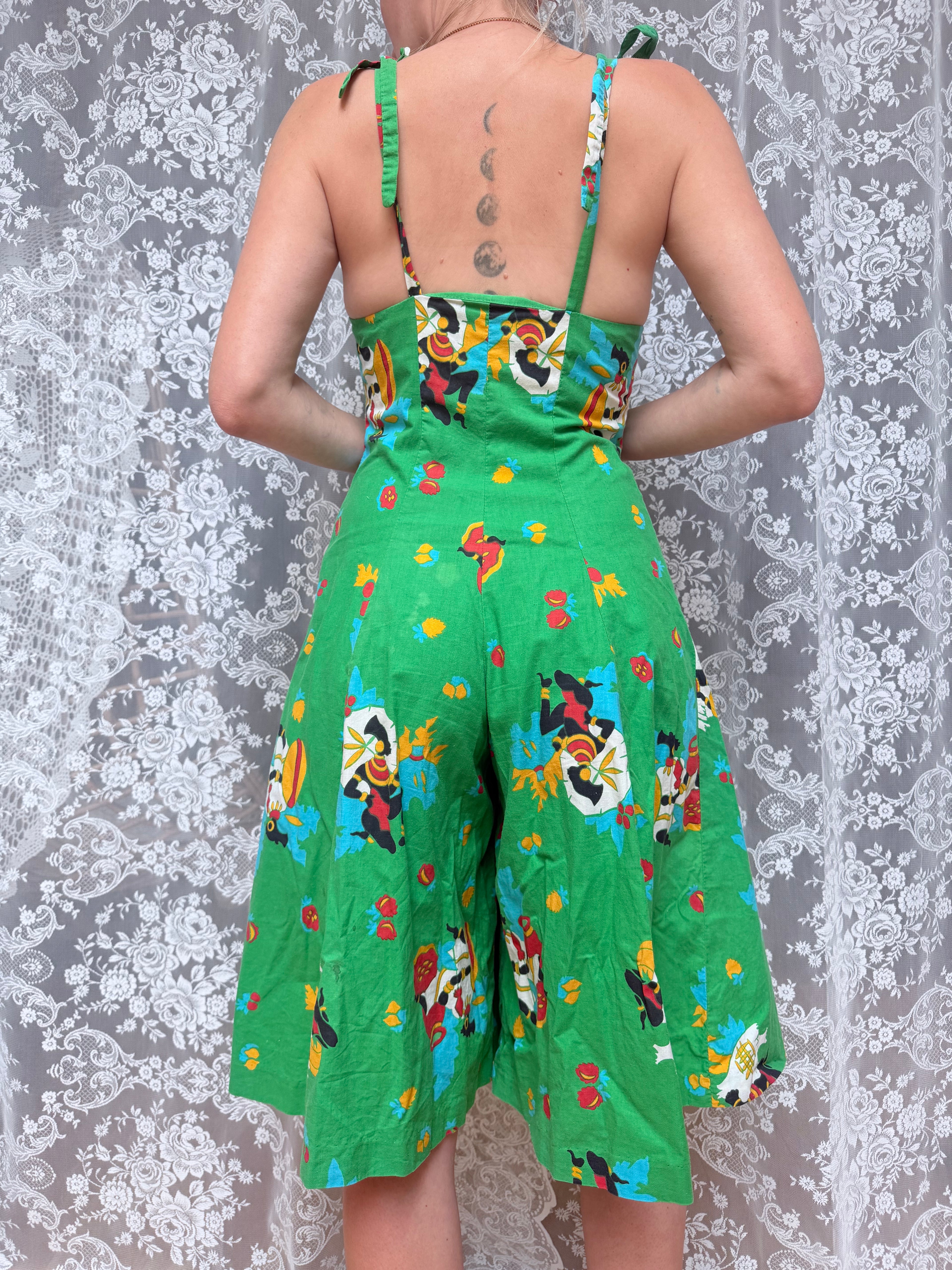 Rare Vintage 1960s–1970s Bus Stop by Lee Bender Novelty Print Culottes Jumpsuit
