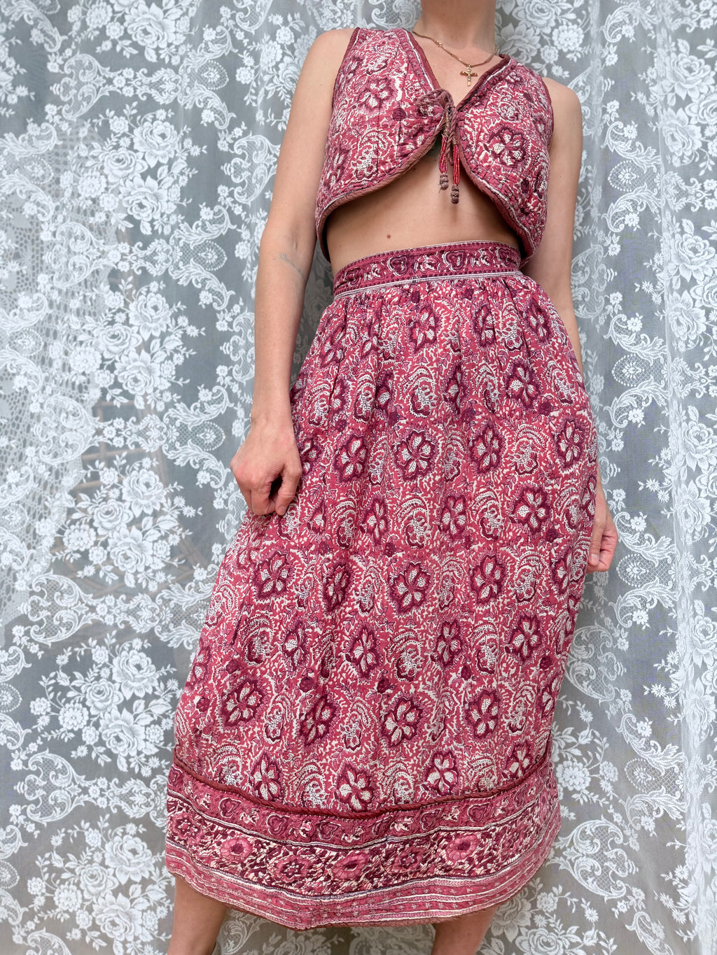 Rare Vintage 1970s Adini Indian Block Print Pink Two Piece