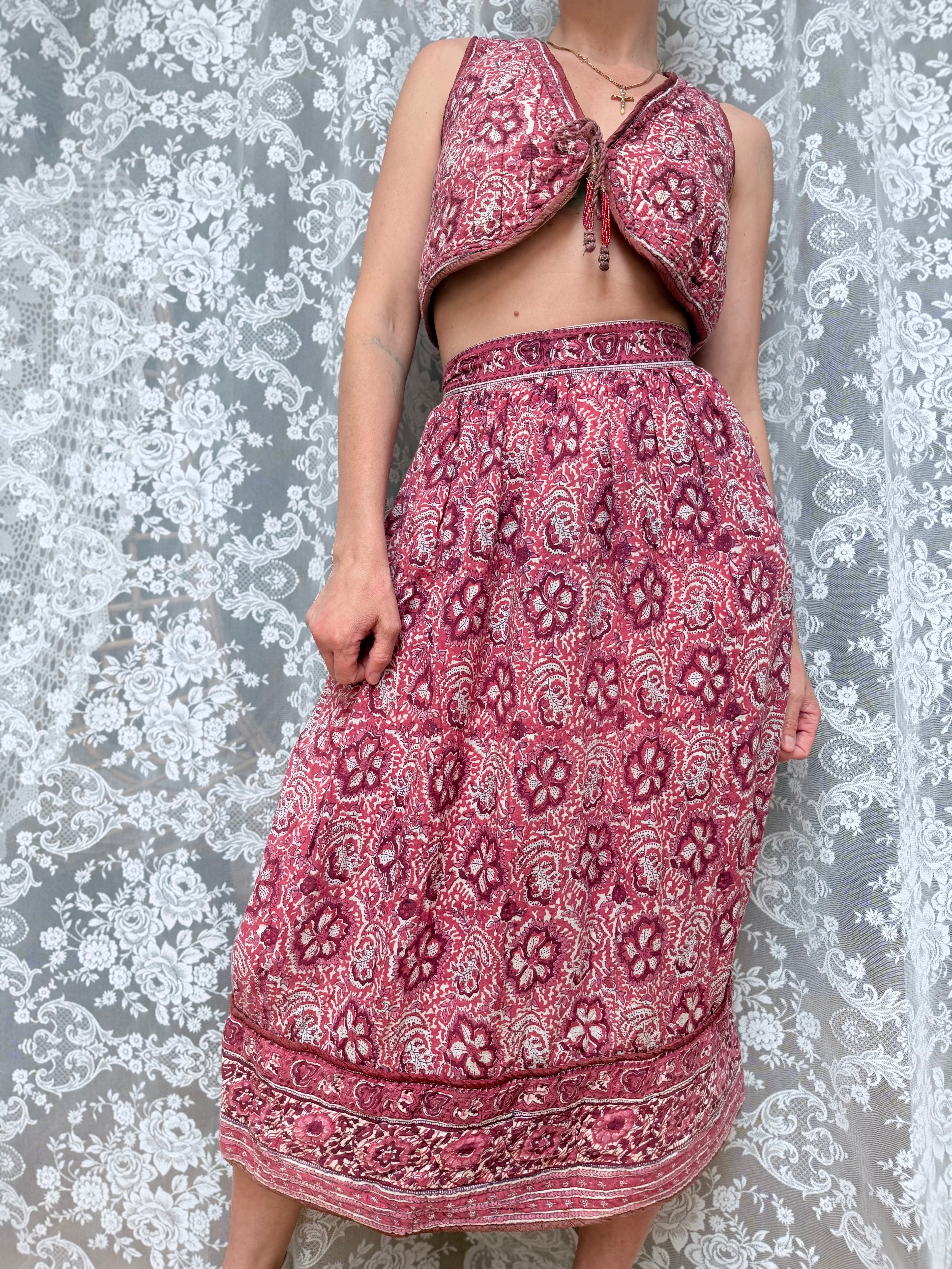 Rare Vintage 1970s Adini Indian Block Print Pink Two Piece