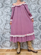 Vintage 1970s Bus Stop by Lee Bender Cheesecloth Cotton Lace Prairie Dress