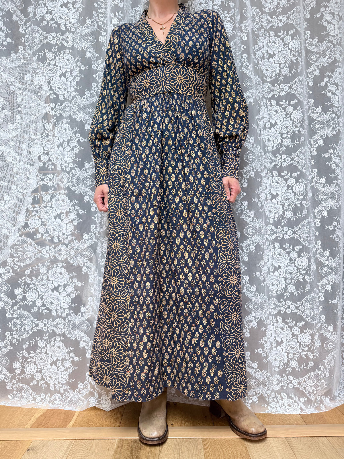 Vintage 1970s India Imports Adini Block Print Boho Maxi Dress