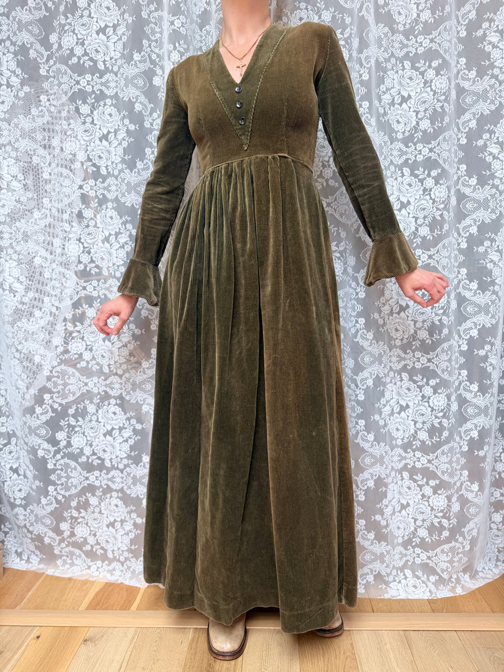 Vintage 1970s Laura Ashley Early Label Revival Bell Sleeve Dress
