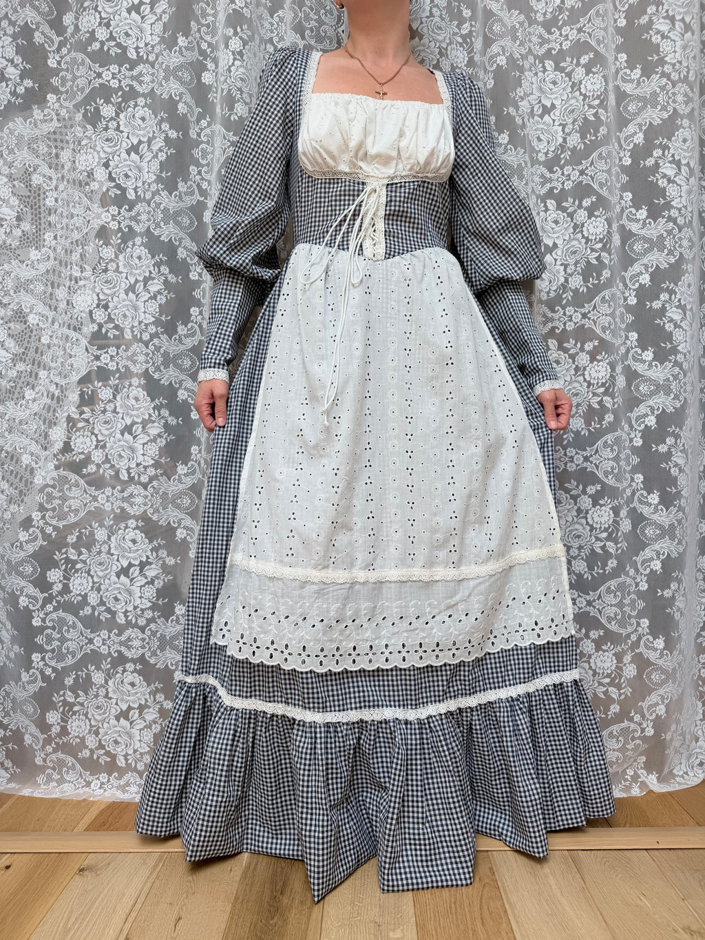 Rare Vintage 1970s Gunne Sax Blue Gingham Milkmaid Prairie Maxi Dress