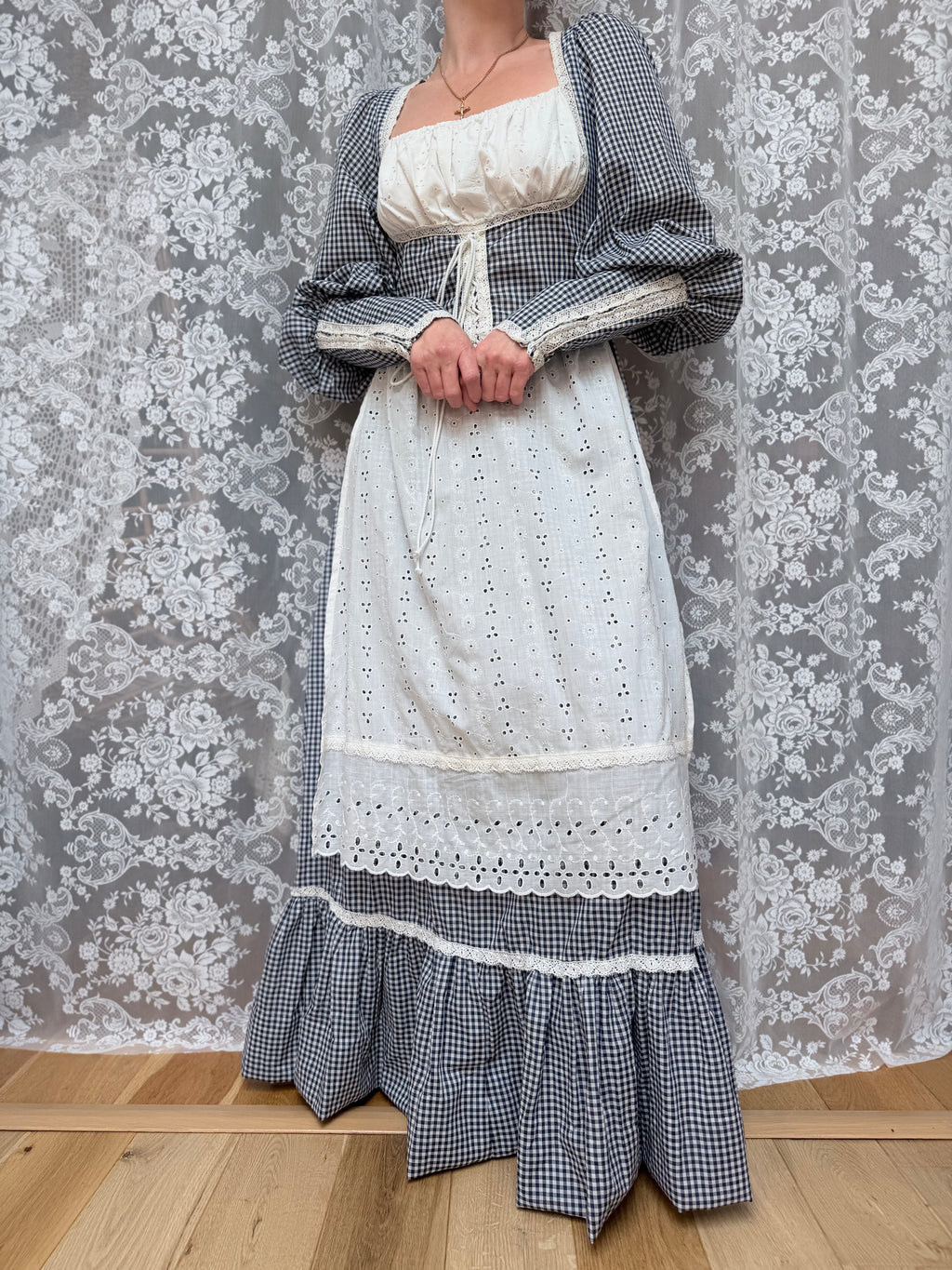 Rare Vintage 1970s Gunne Sax Blue Gingham Milkmaid Prairie Maxi Dress
