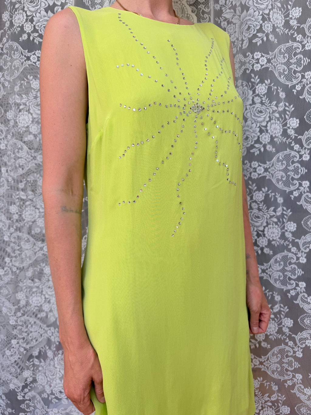 Vintage 1990s Versus Gianni Versace Bright Green Rhinestone Star Dress