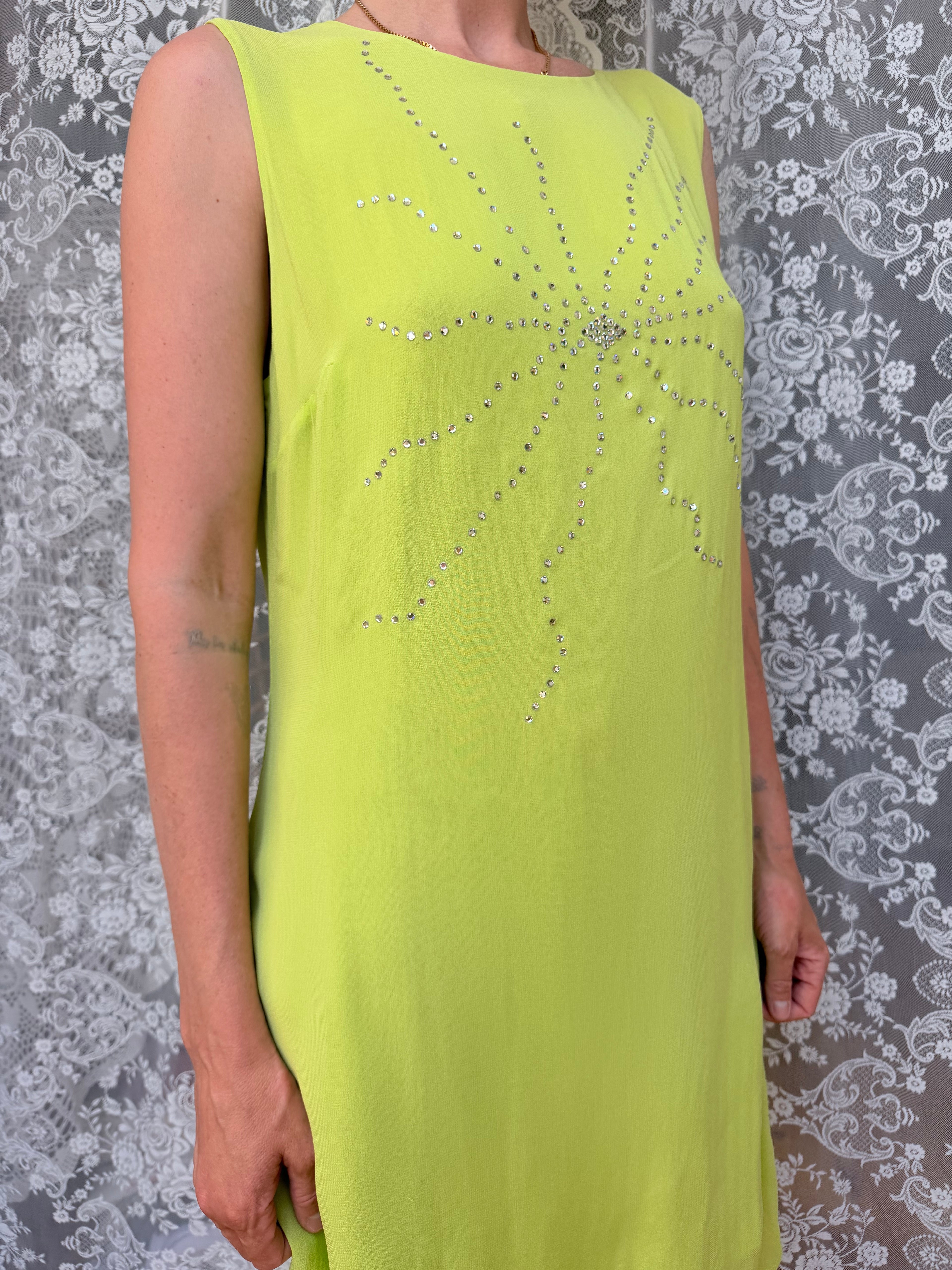 Vintage 1990s Versus Gianni Versace Bright Green Rhinestone Star Dress
