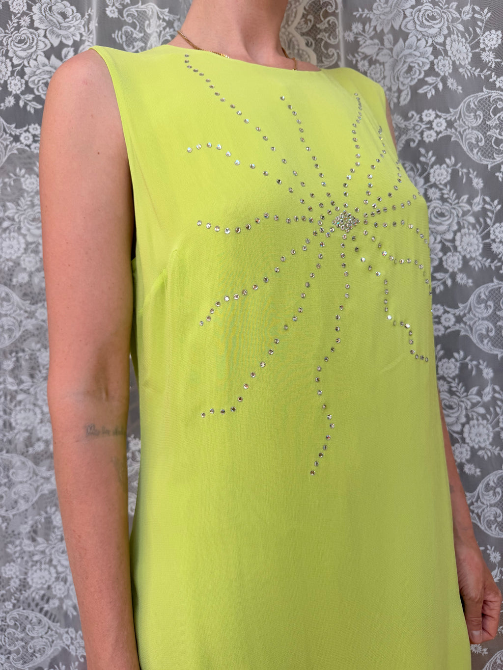 Vintage 1990s Versus Gianni Versace Bright Green Rhinestone Star Dress