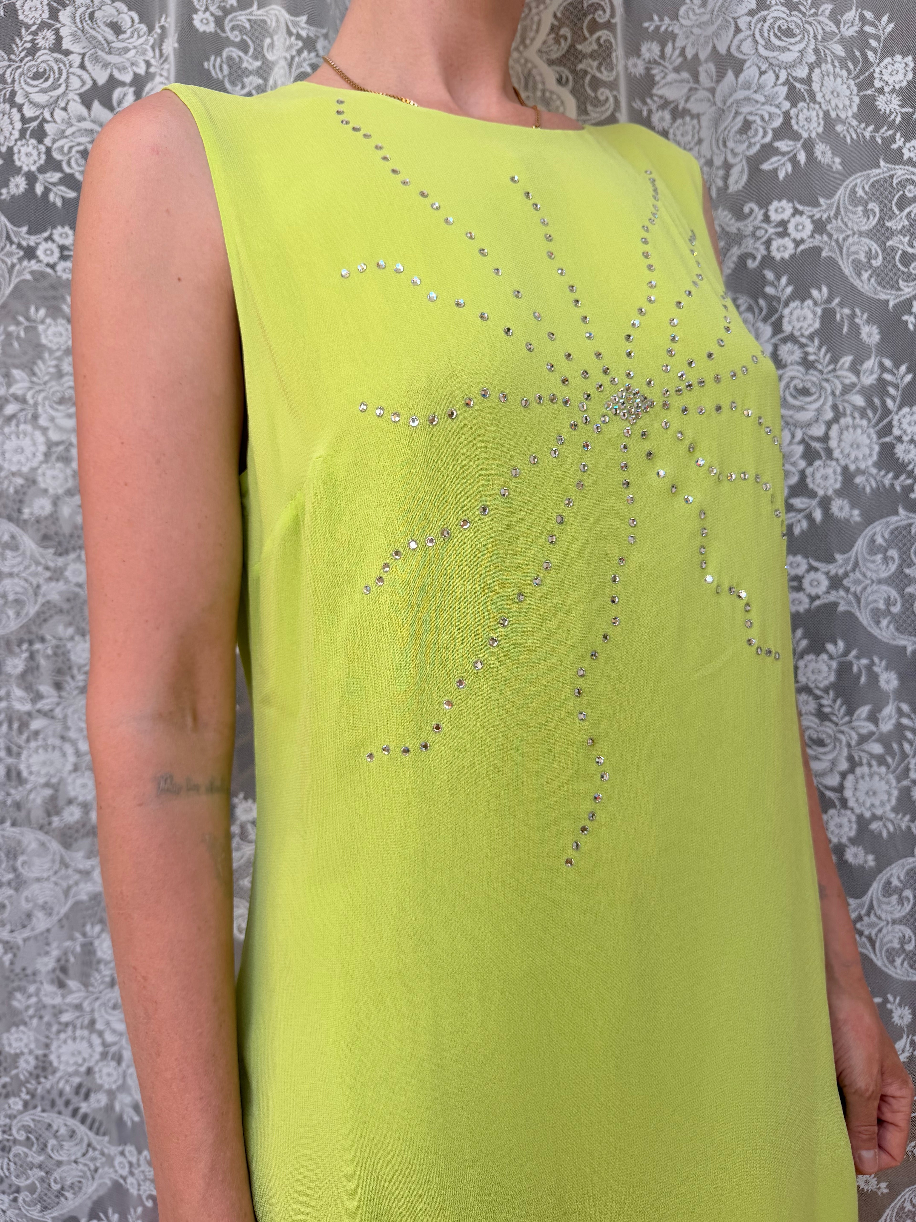 Vintage 1990s Versus Gianni Versace Bright Green Rhinestone Star Dress