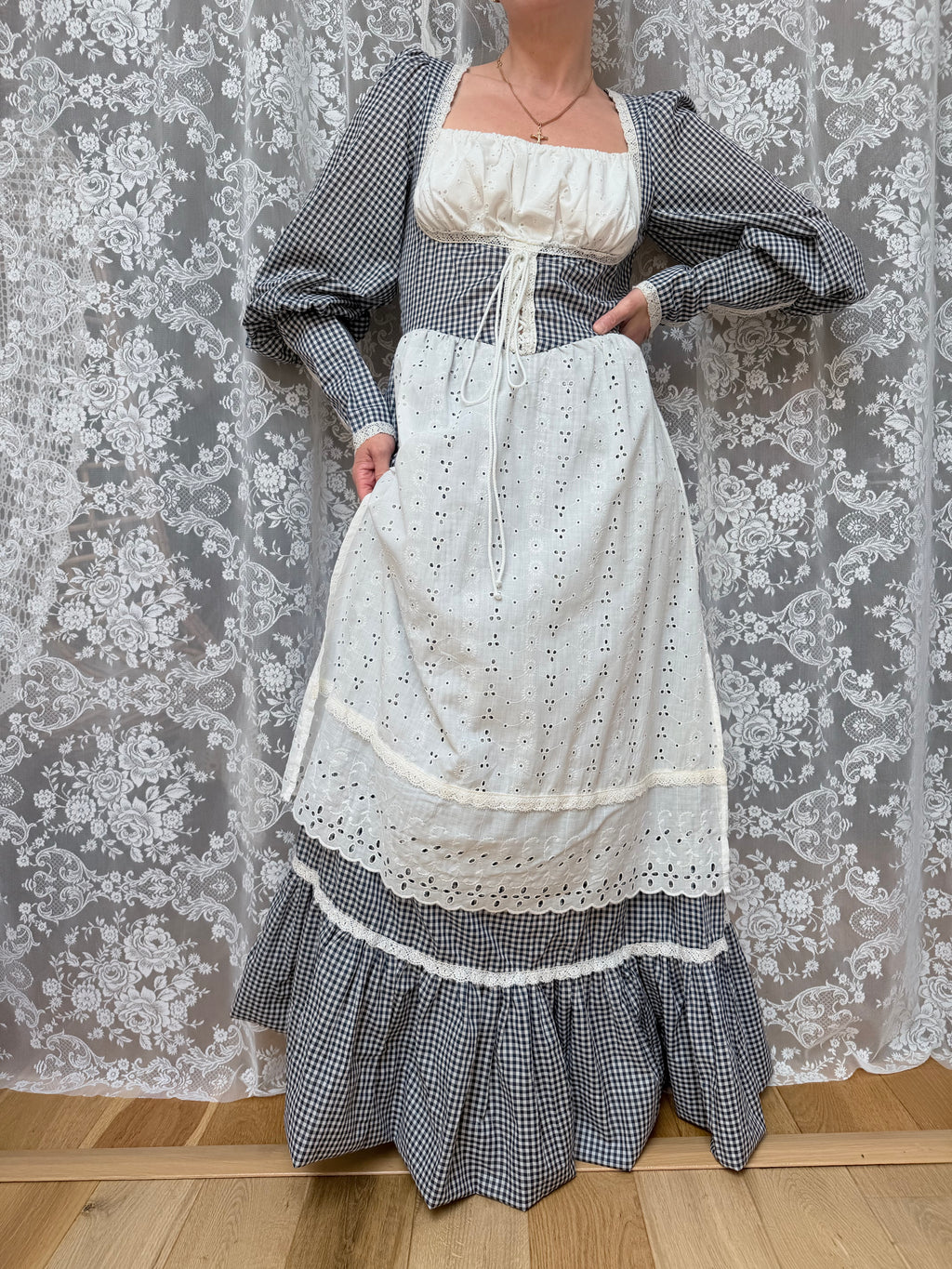 Rare Vintage 1970s Gunne Sax Blue Gingham Milkmaid Prairie Maxi Dress