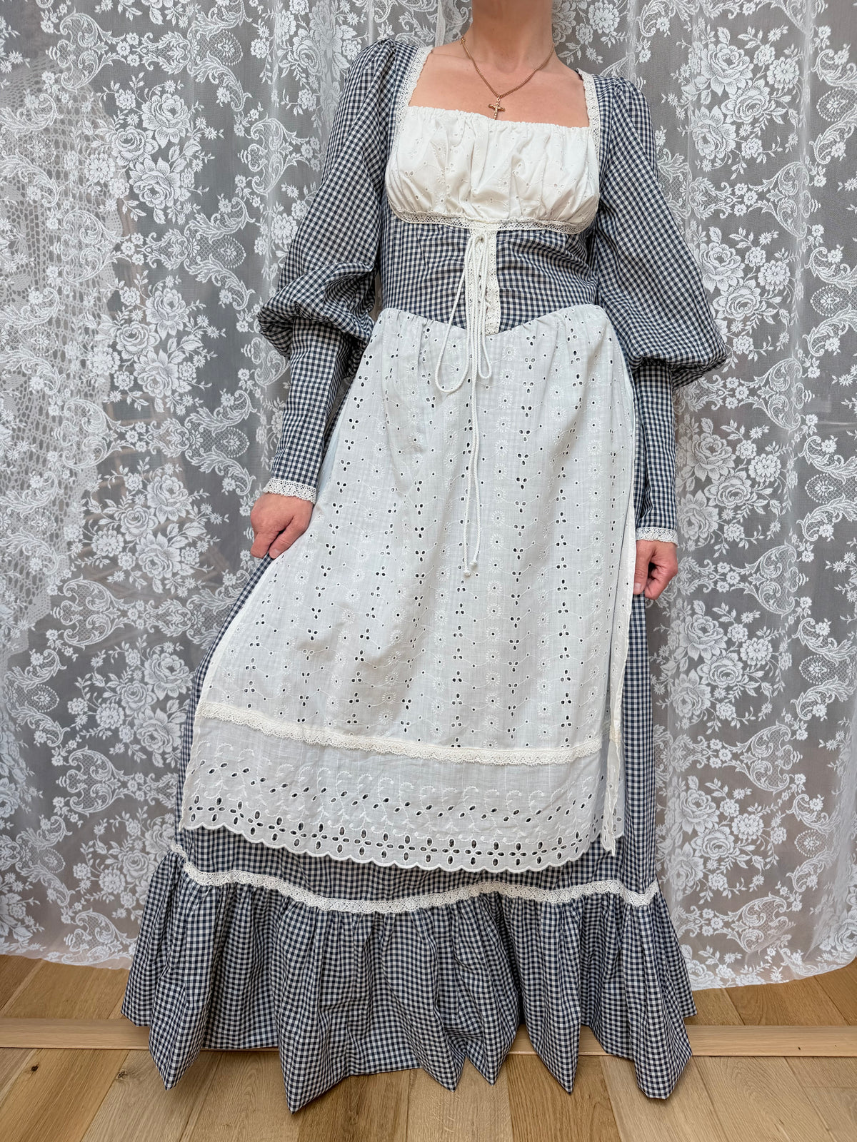 Rare Vintage 1970s Gunne Sax Blue Gingham Milkmaid Prairie Maxi Dress