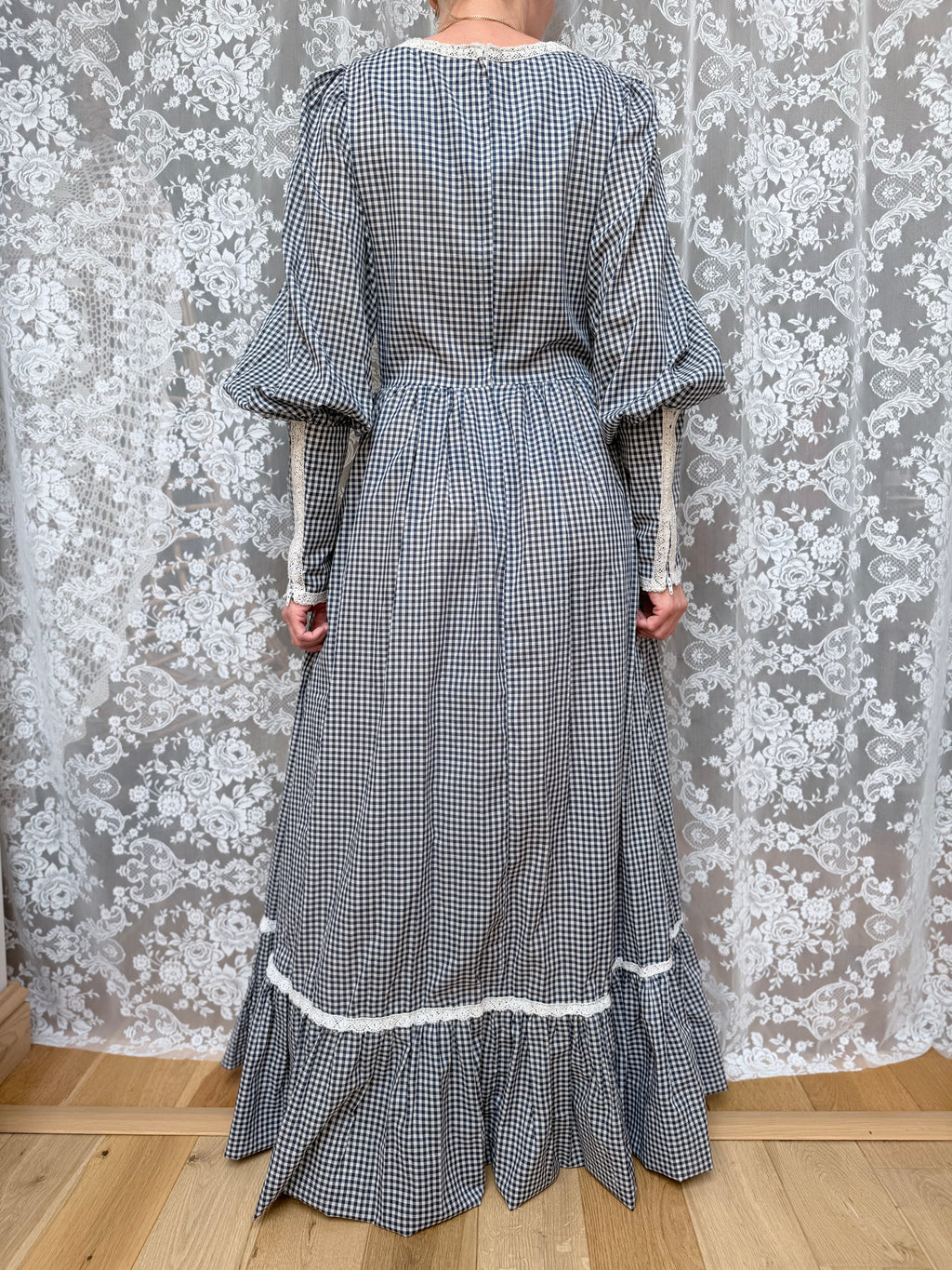 Rare Vintage 1970s Gunne Sax Blue Gingham Milkmaid Prairie Maxi Dress