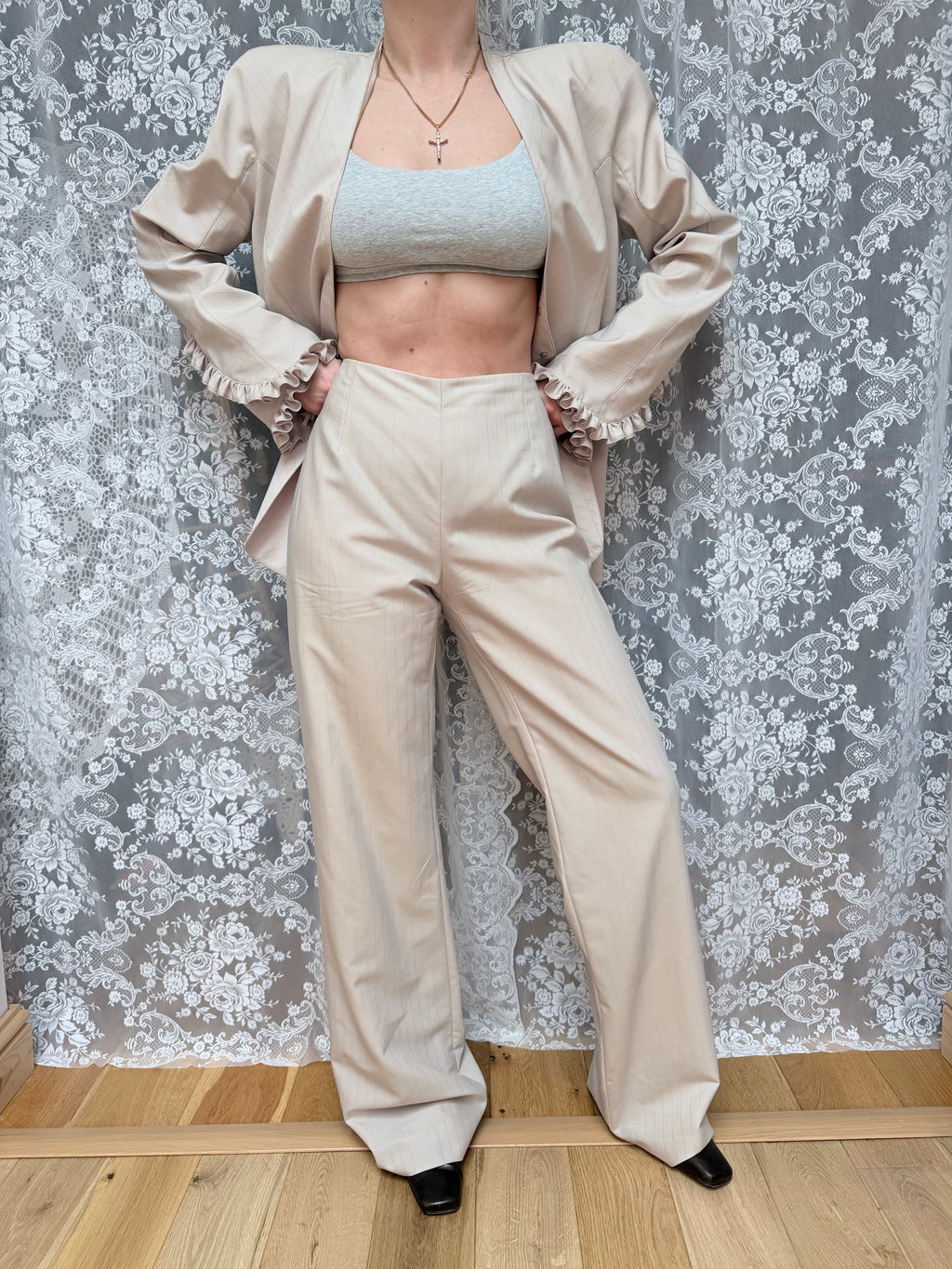 Rare Vintage 1990s Thierry Mugler Cream Striped Suit
