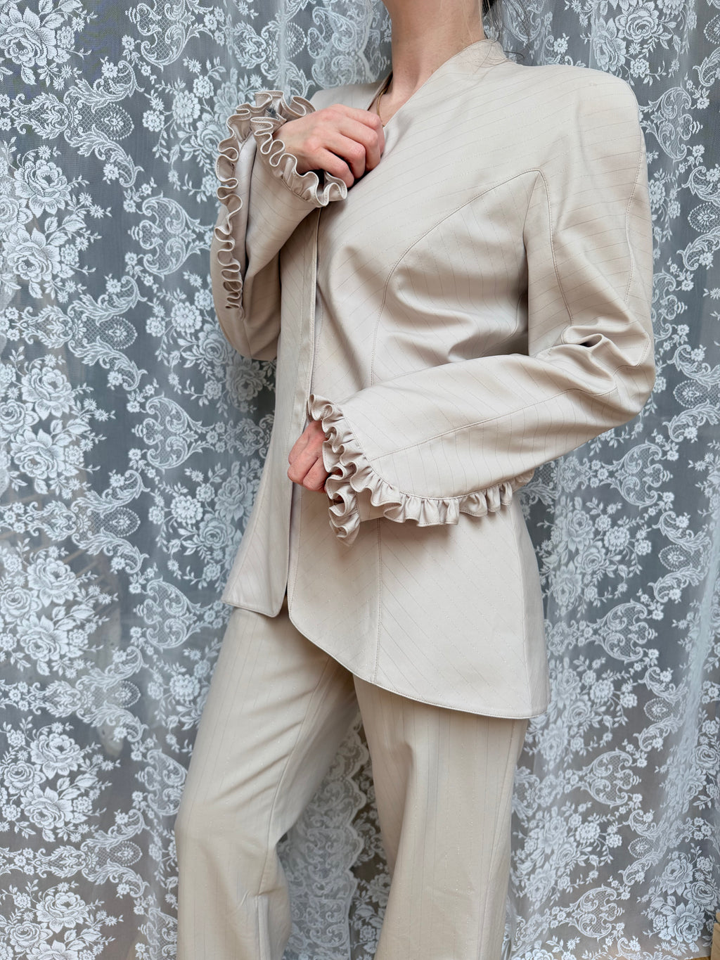 Rare Vintage 1990s Thierry Mugler Cream Striped Suit