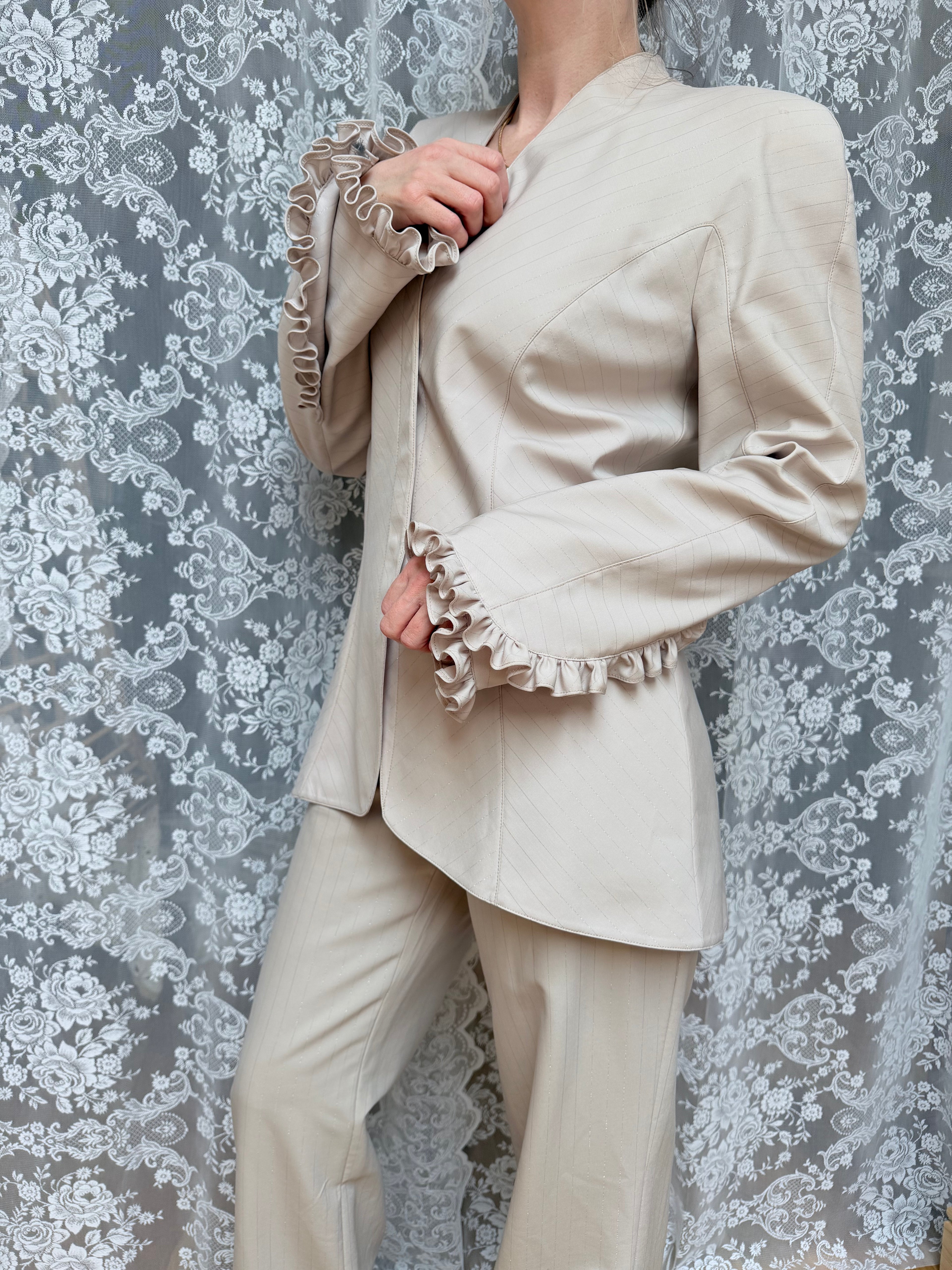 Rare Vintage 1990s Thierry Mugler Cream Striped Suit