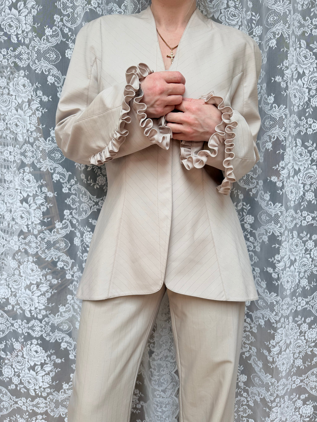 Rare Vintage 1990s Thierry Mugler Cream Striped Suit