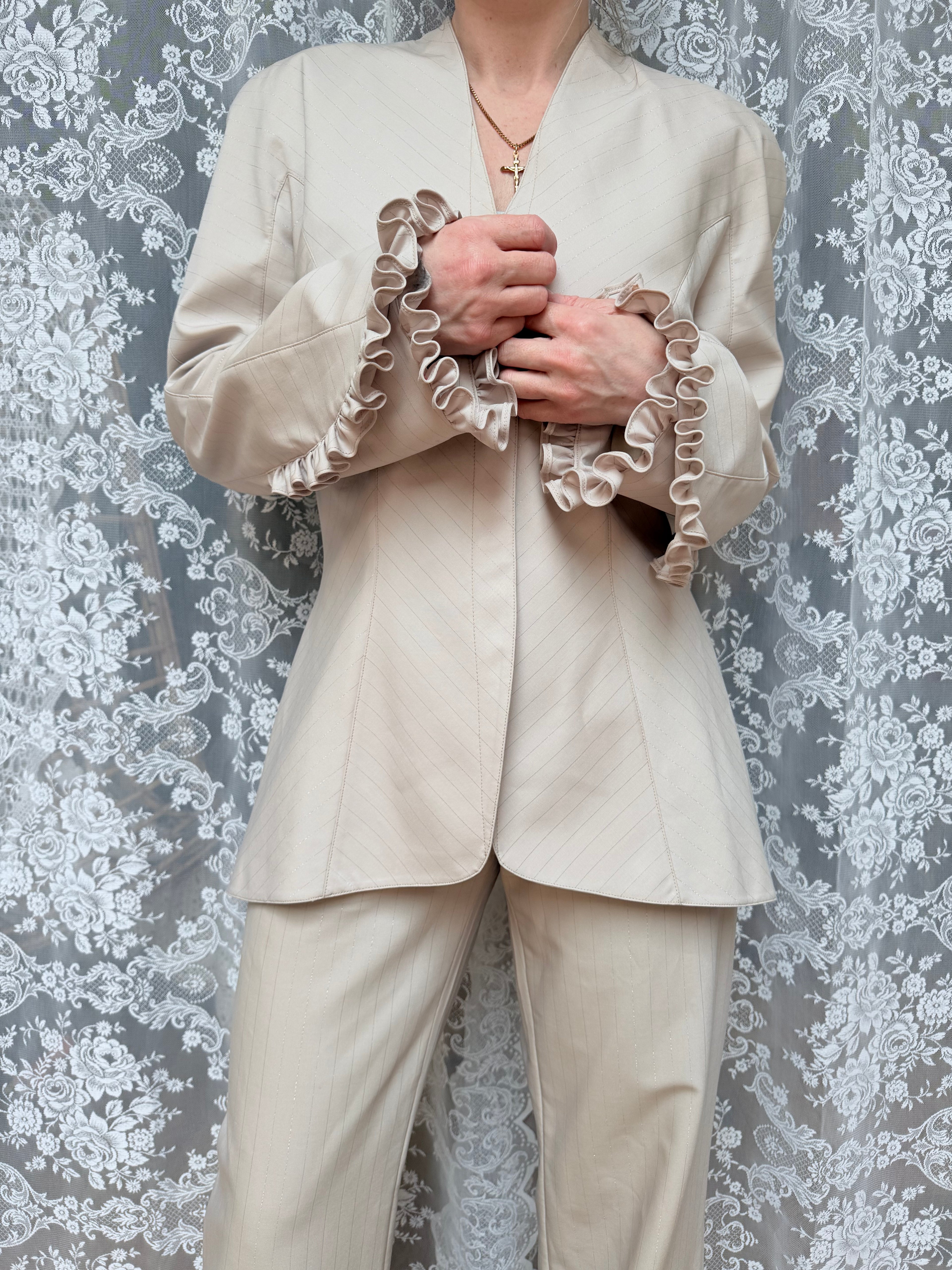 Rare Vintage 1990s Thierry Mugler Cream Striped Suit