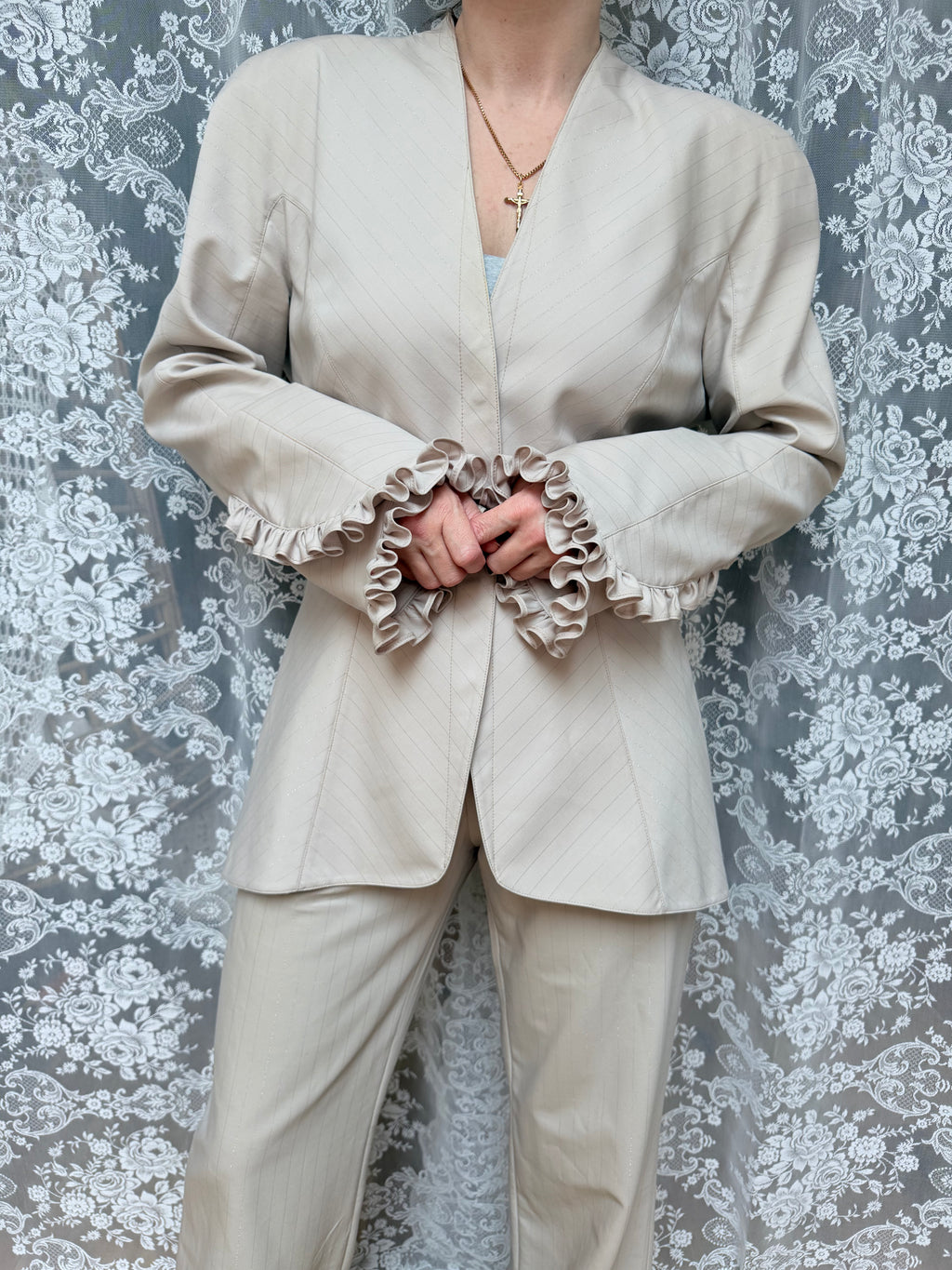 Rare Vintage 1990s Thierry Mugler Cream Striped Suit