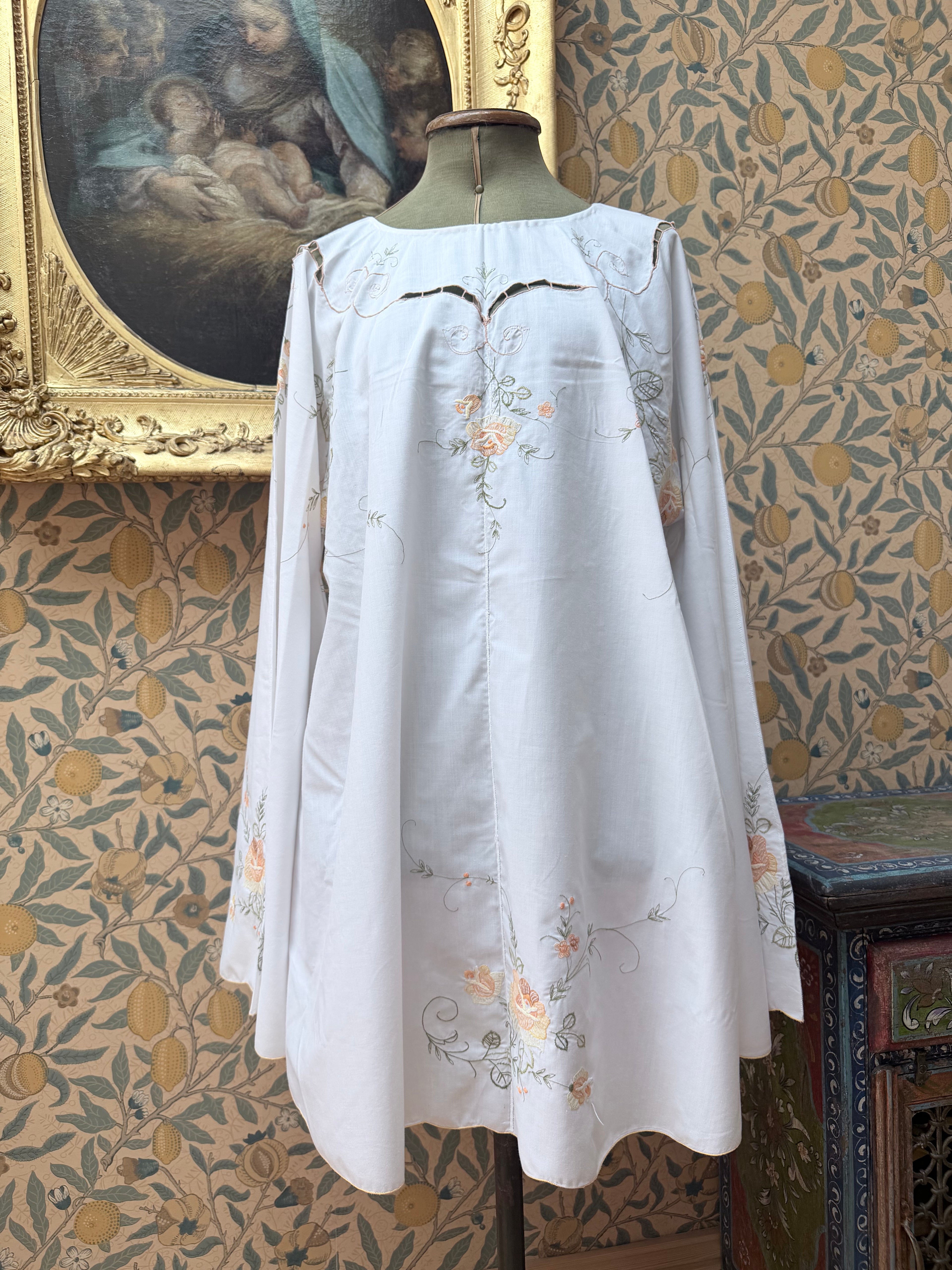 Vintage 1960s Floral Embroidery Bell Sleeve Handmade Mini Dress