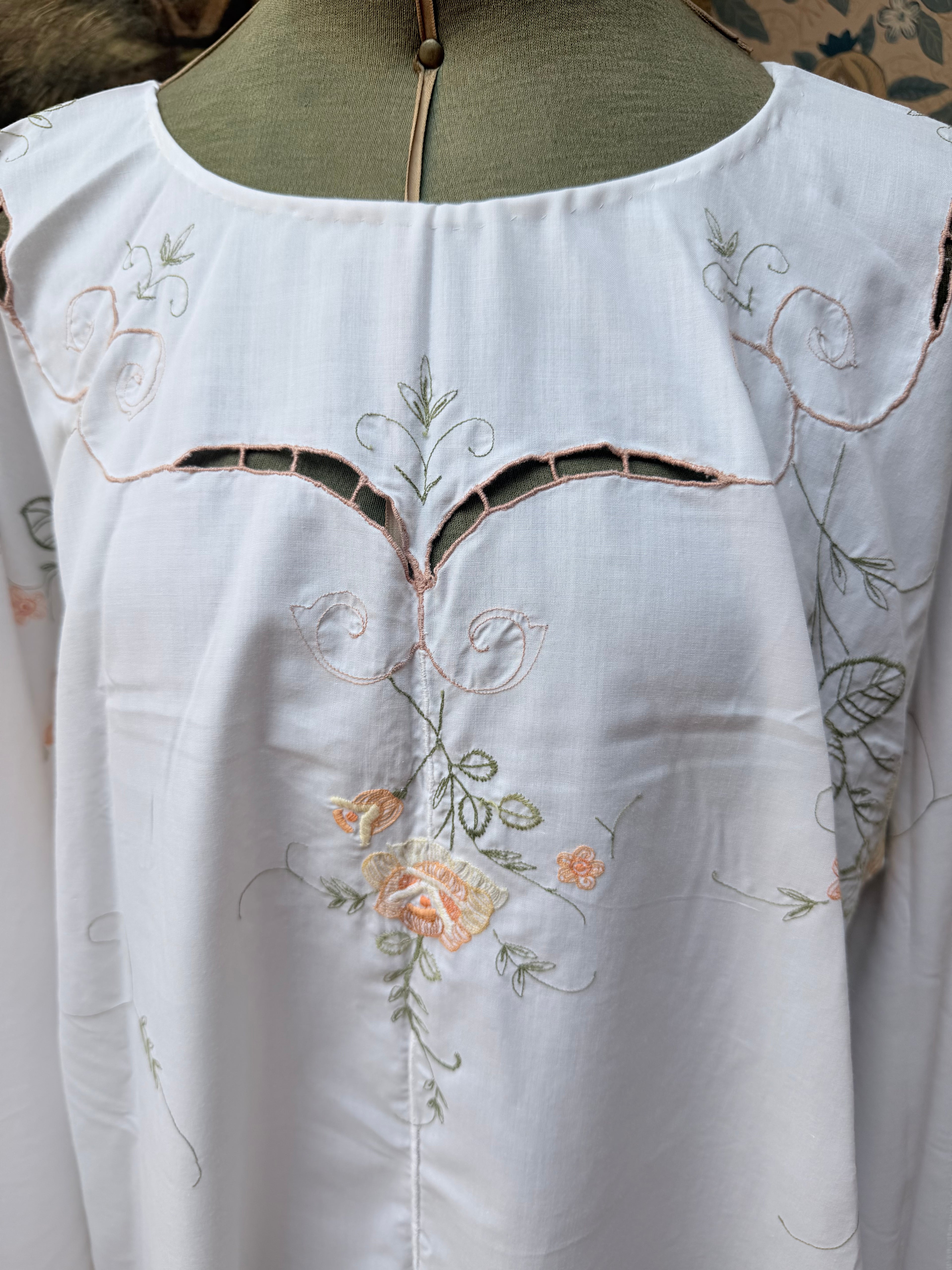 Vintage 1960s Floral Embroidery Bell Sleeve Handmade Mini Dress