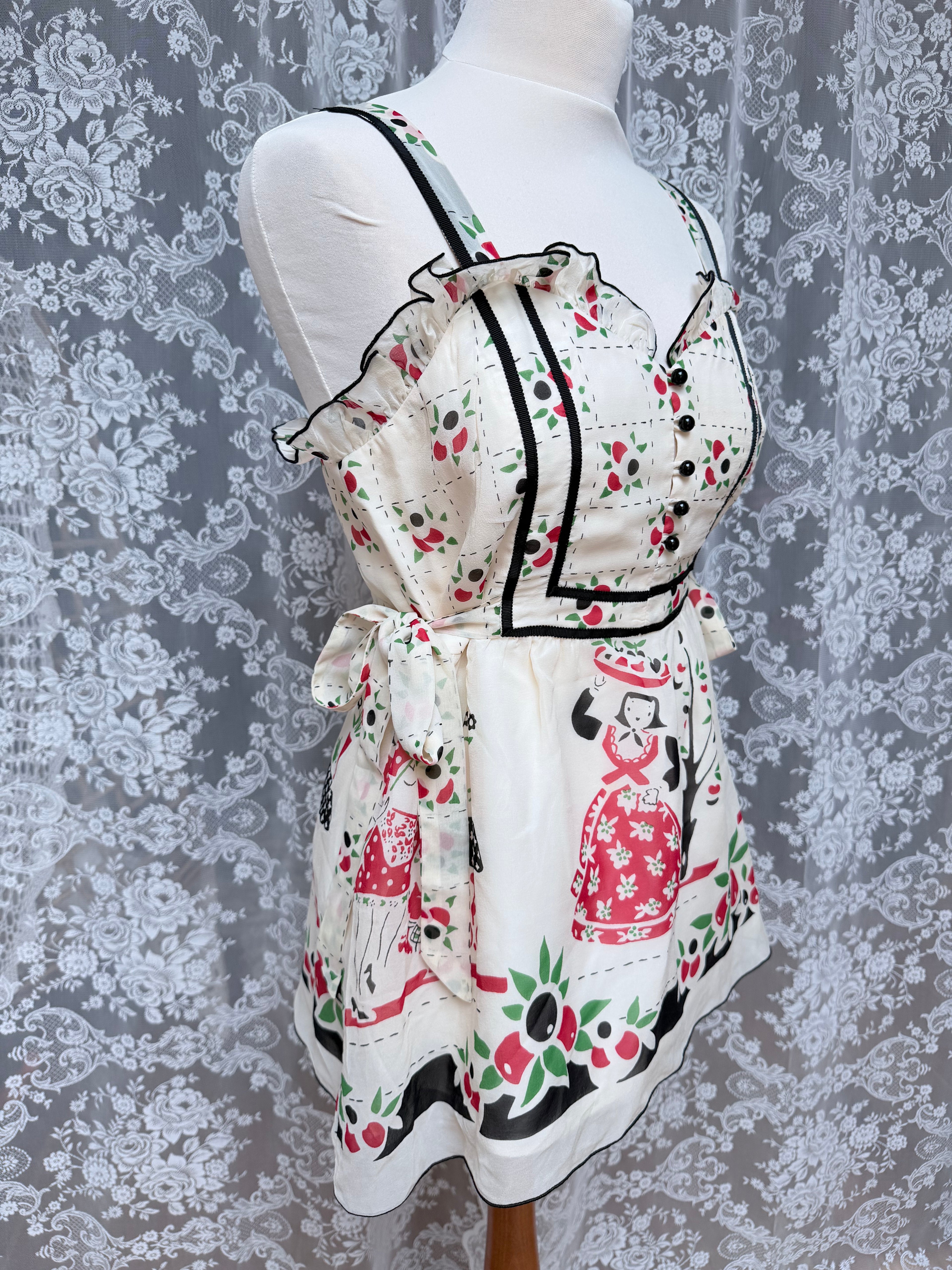 Rare Vintage Y2K Anna Sui Catwalk Silk Folk Art Peplum Top