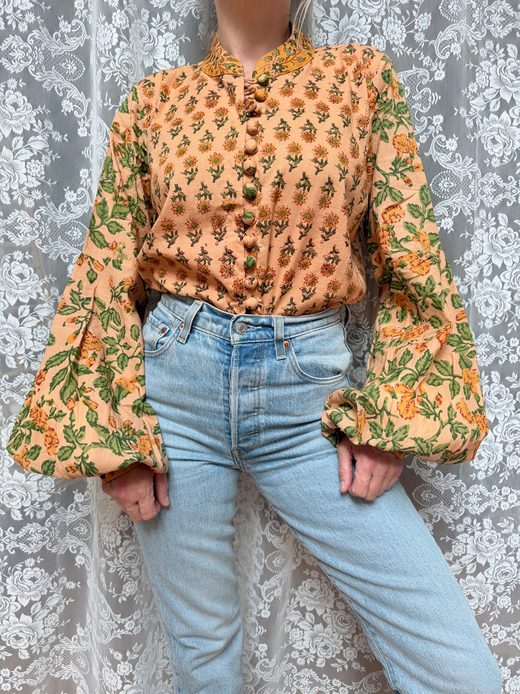 The Jasmine | Floral Block Print Bishop Sleeve Blouse