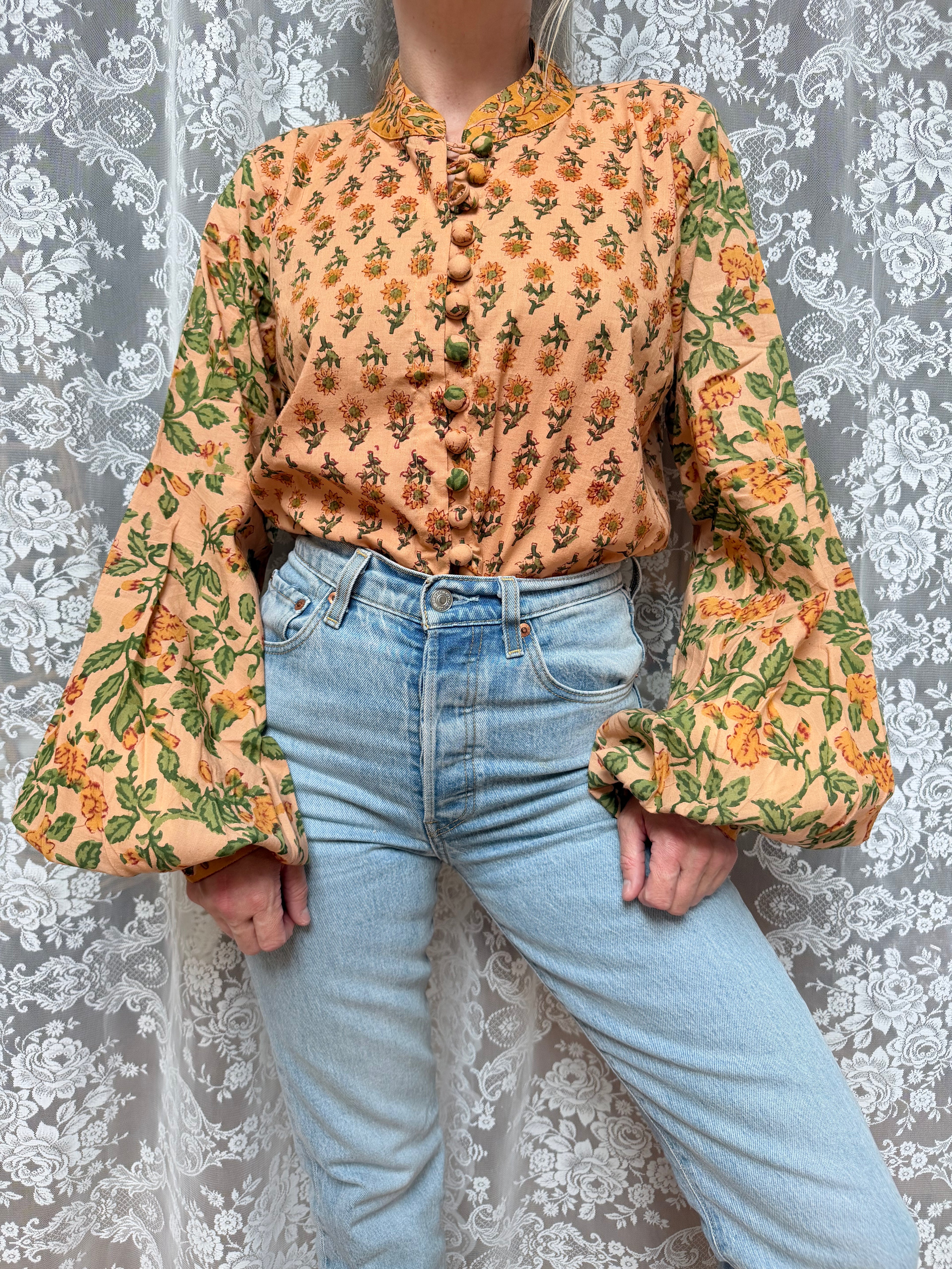 The Jasmine | Floral Block Print Bishop Sleeve Blouse