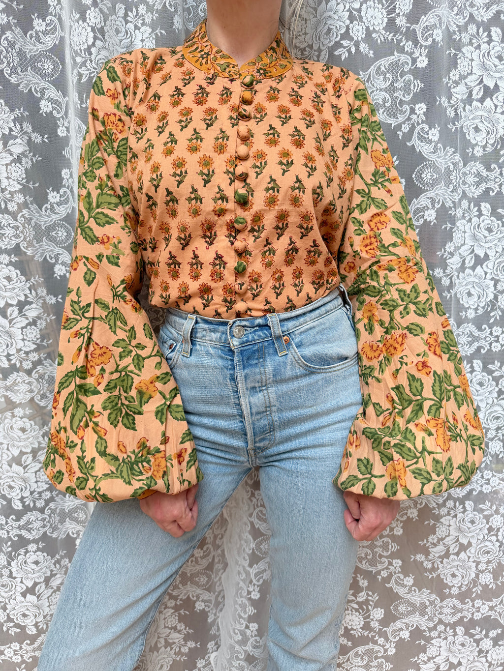 The Jasmine | Floral Block Print Bishop Sleeve Blouse