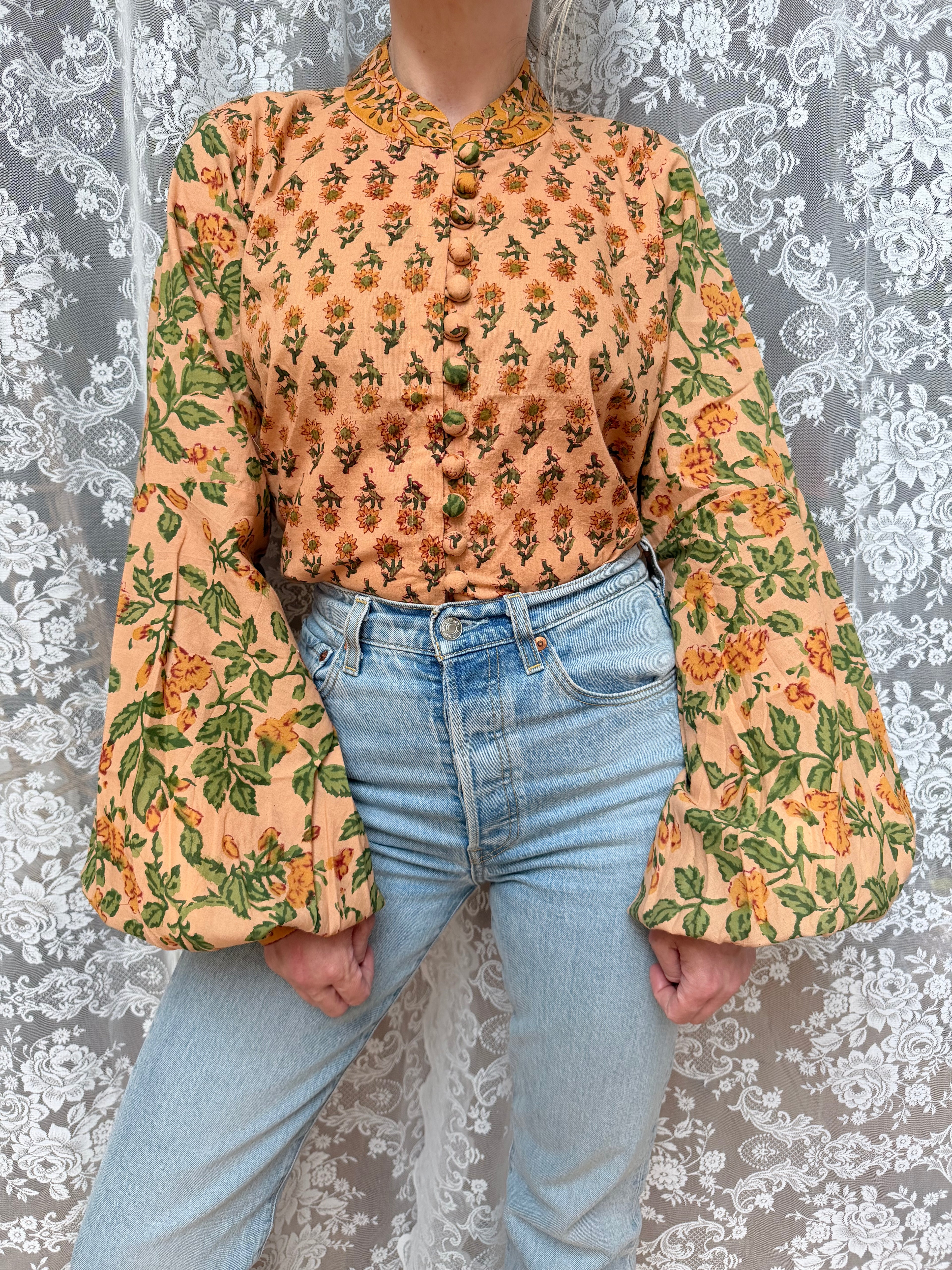 The Jasmine | Floral Block Print Bishop Sleeve Blouse