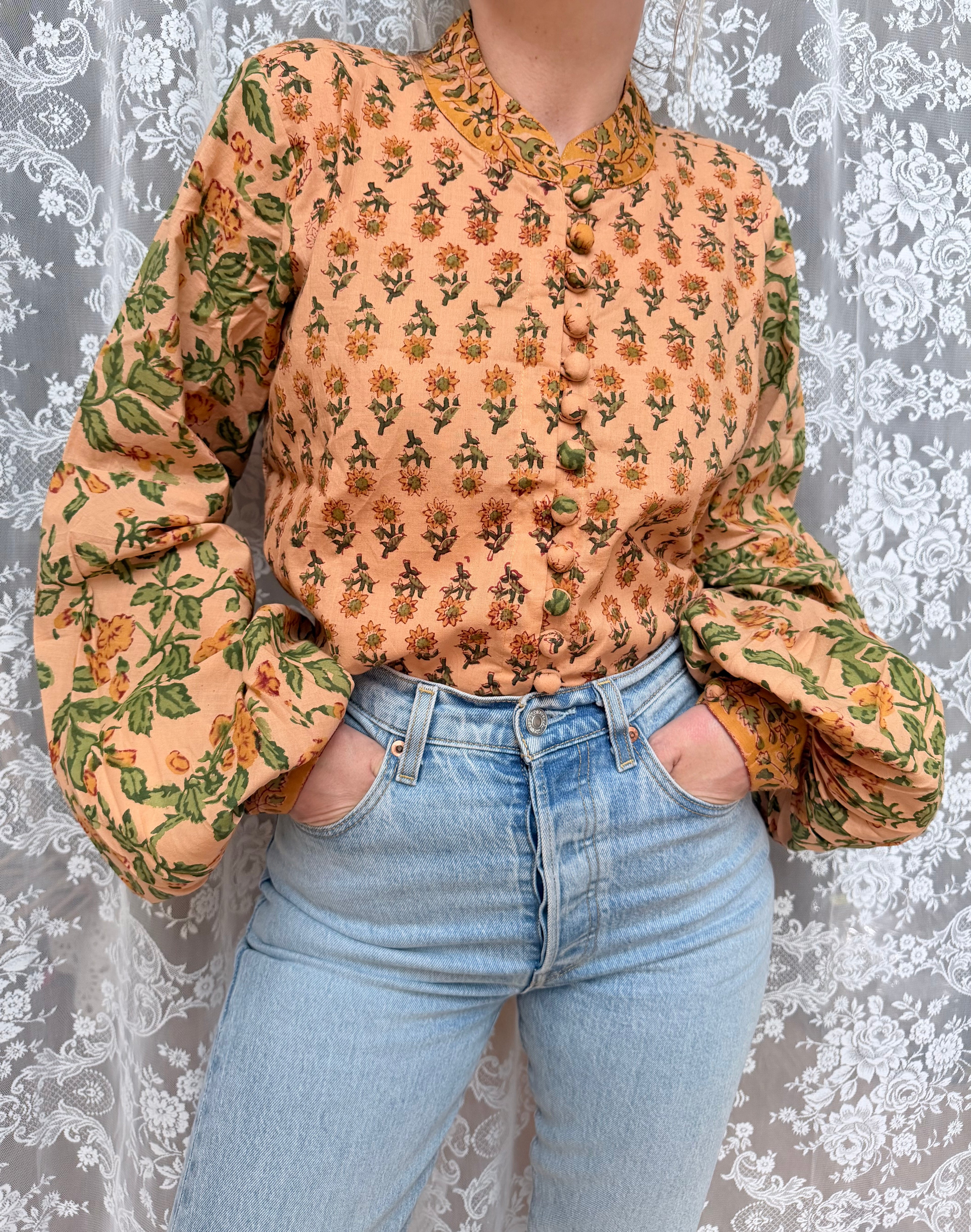 The Jasmine | Floral Block Print Bishop Sleeve Blouse
