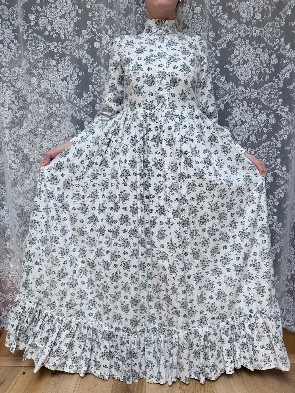 The Soft Breeze: Laura Ashley 1970s Green Floral High-Neck Prairie Dress