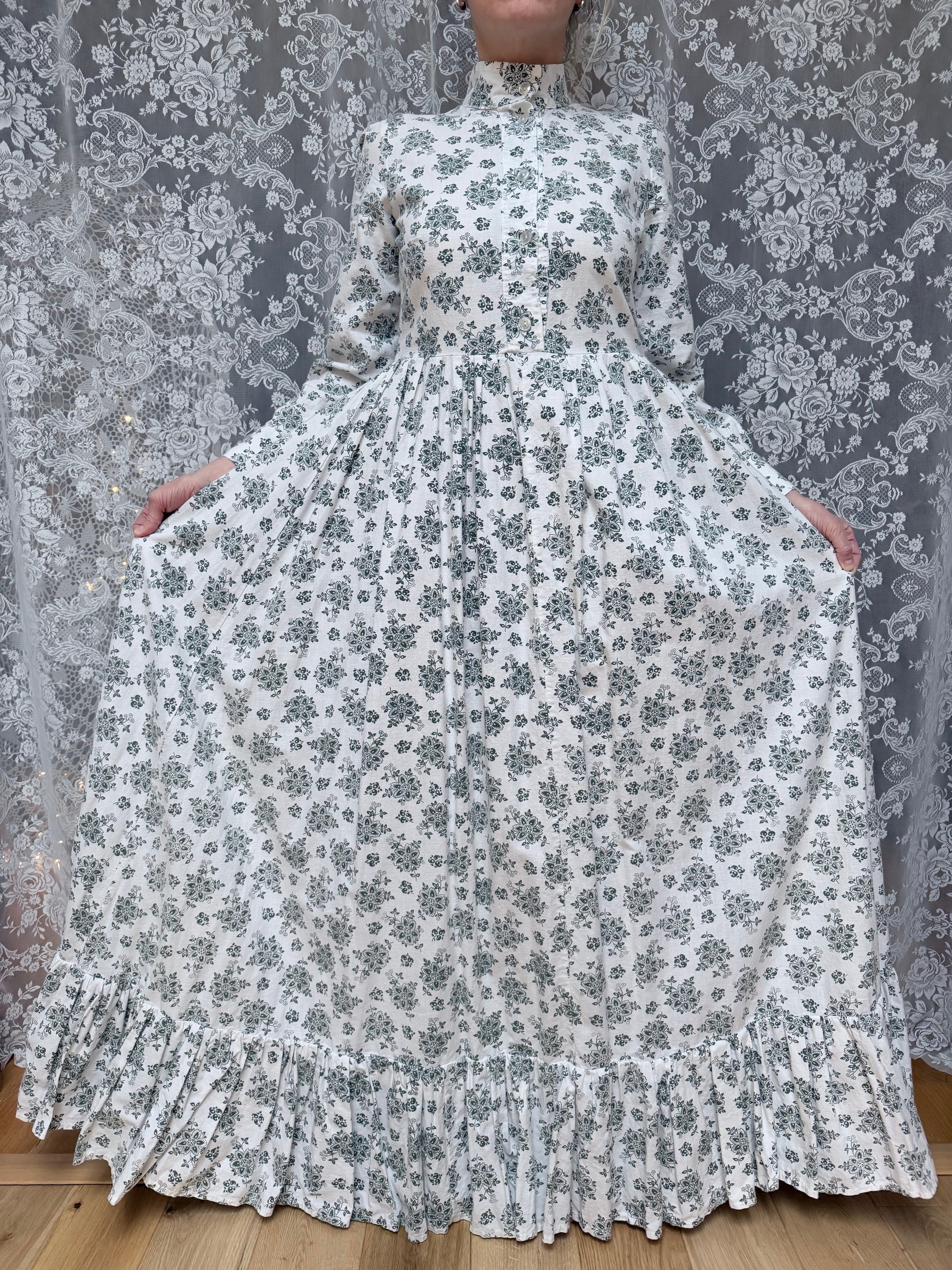 The Soft Breeze: Laura Ashley 1970s Green Floral High-Neck Prairie Dress