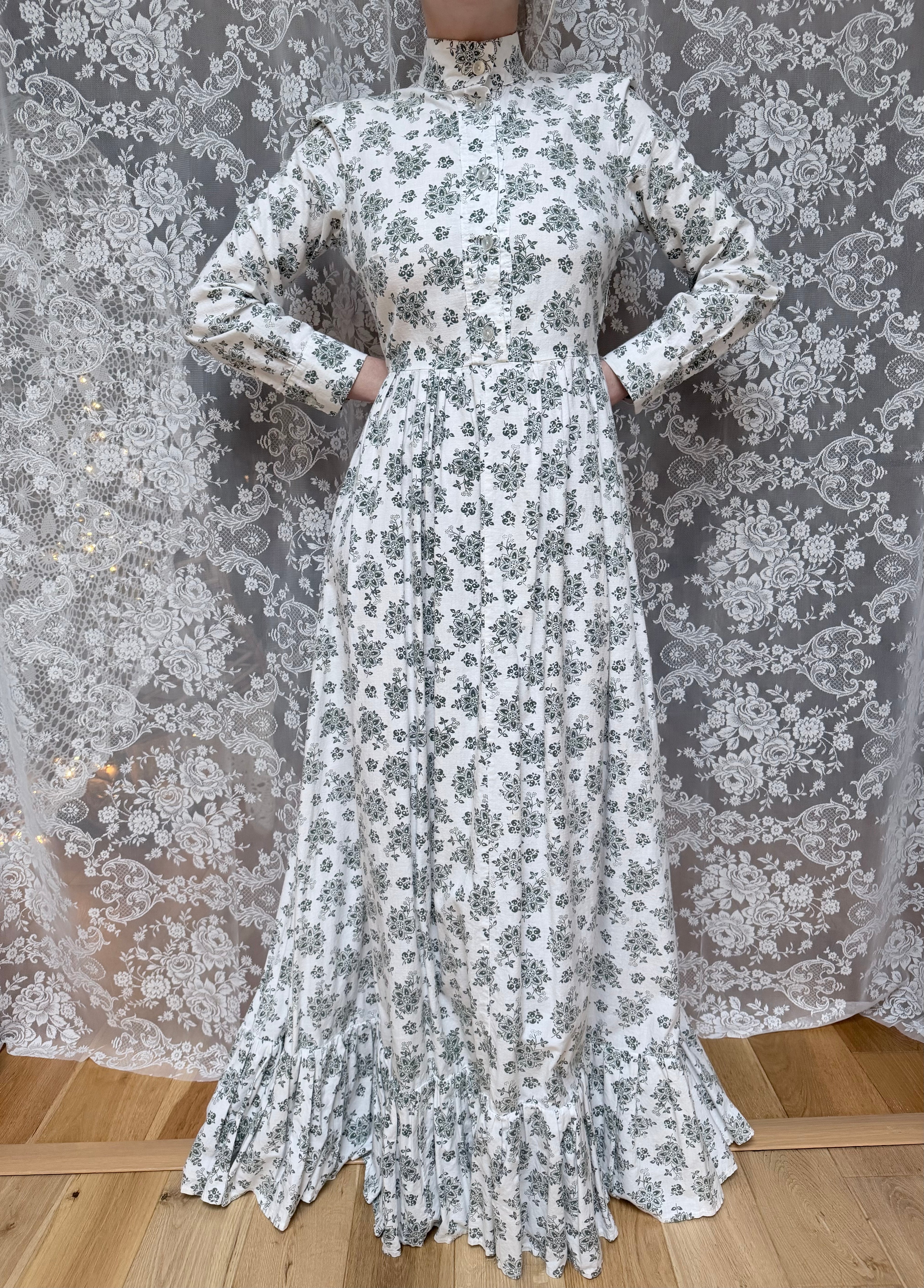 The Soft Breeze: Laura Ashley 1970s Green Floral High-Neck Prairie Dress