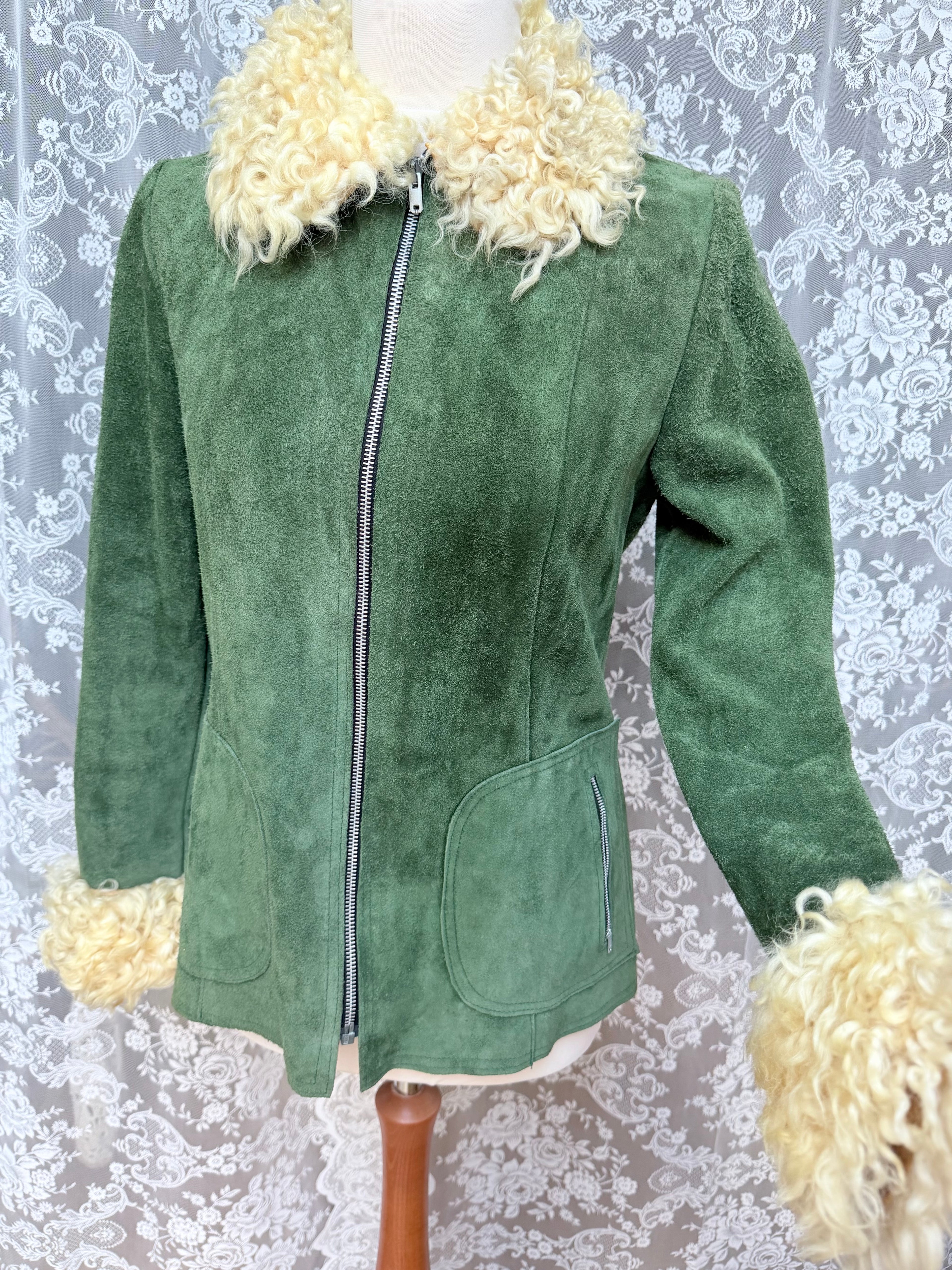 Vintage 1970s Green Sheepskin Afghan Penny Lane Coat