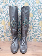 Rare Vintage 1970s Silver Leather Embroidered Boots