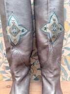 Rare Vintage 1970s Silver Leather Embroidered Boots