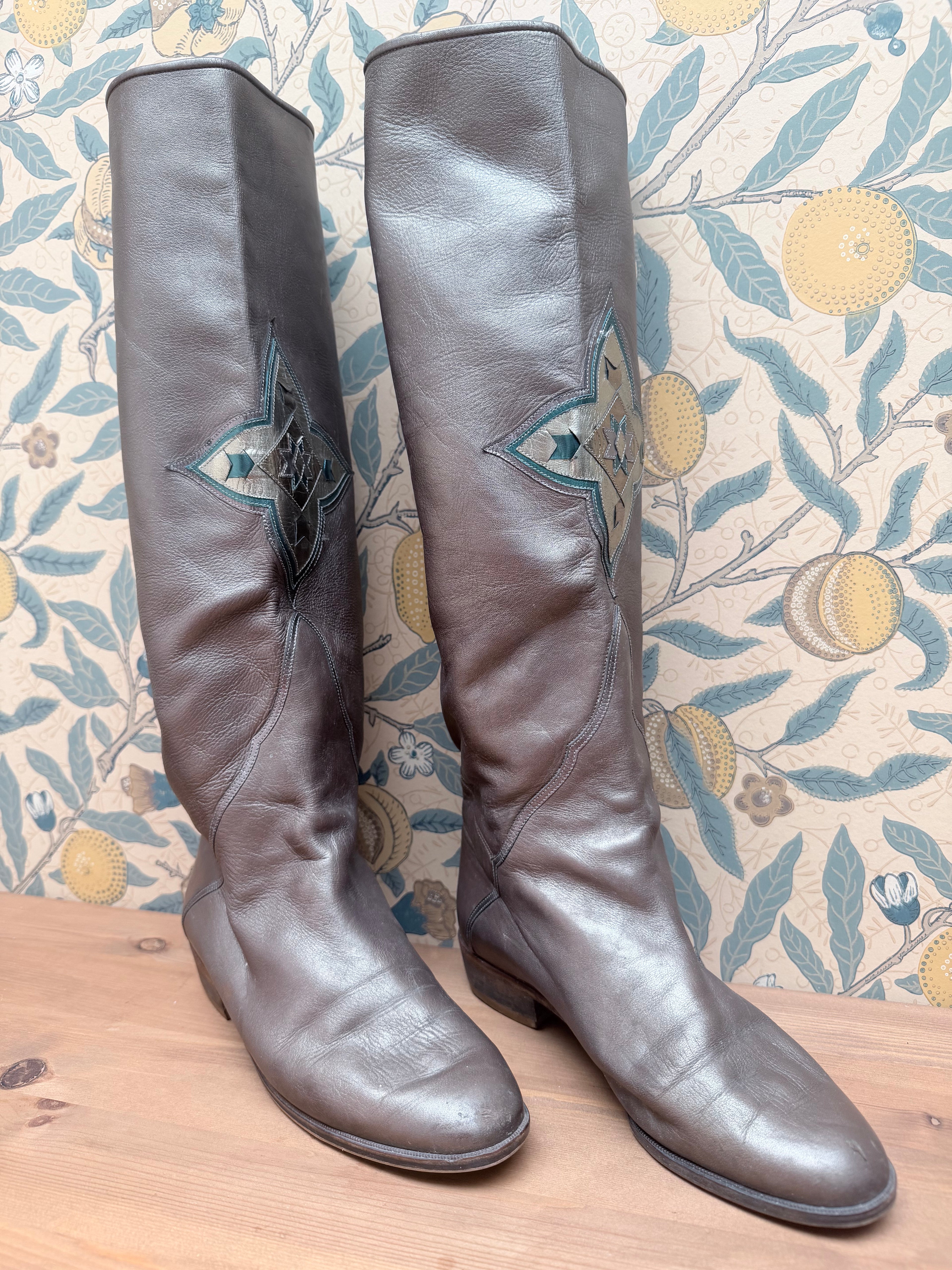 Vintage Silver Leather Knee-High Geometric Mosaic Boots