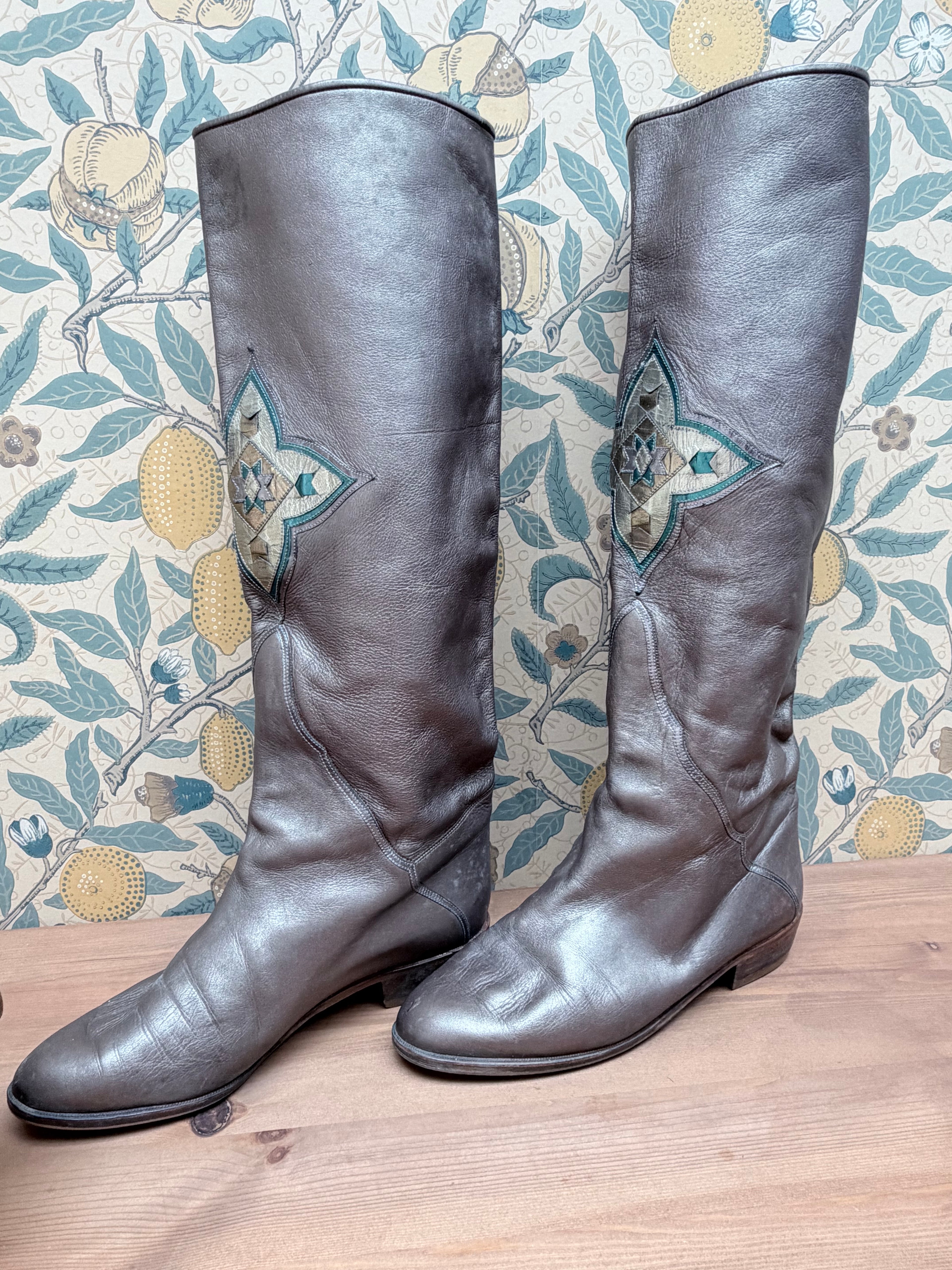 Vintage Silver Leather Knee-High Geometric Mosaic Boots